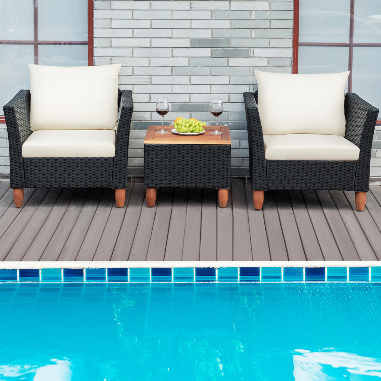 3PCS Cushioned Patio Conversation Furniture Set W/ Wooden Table Top & Feet