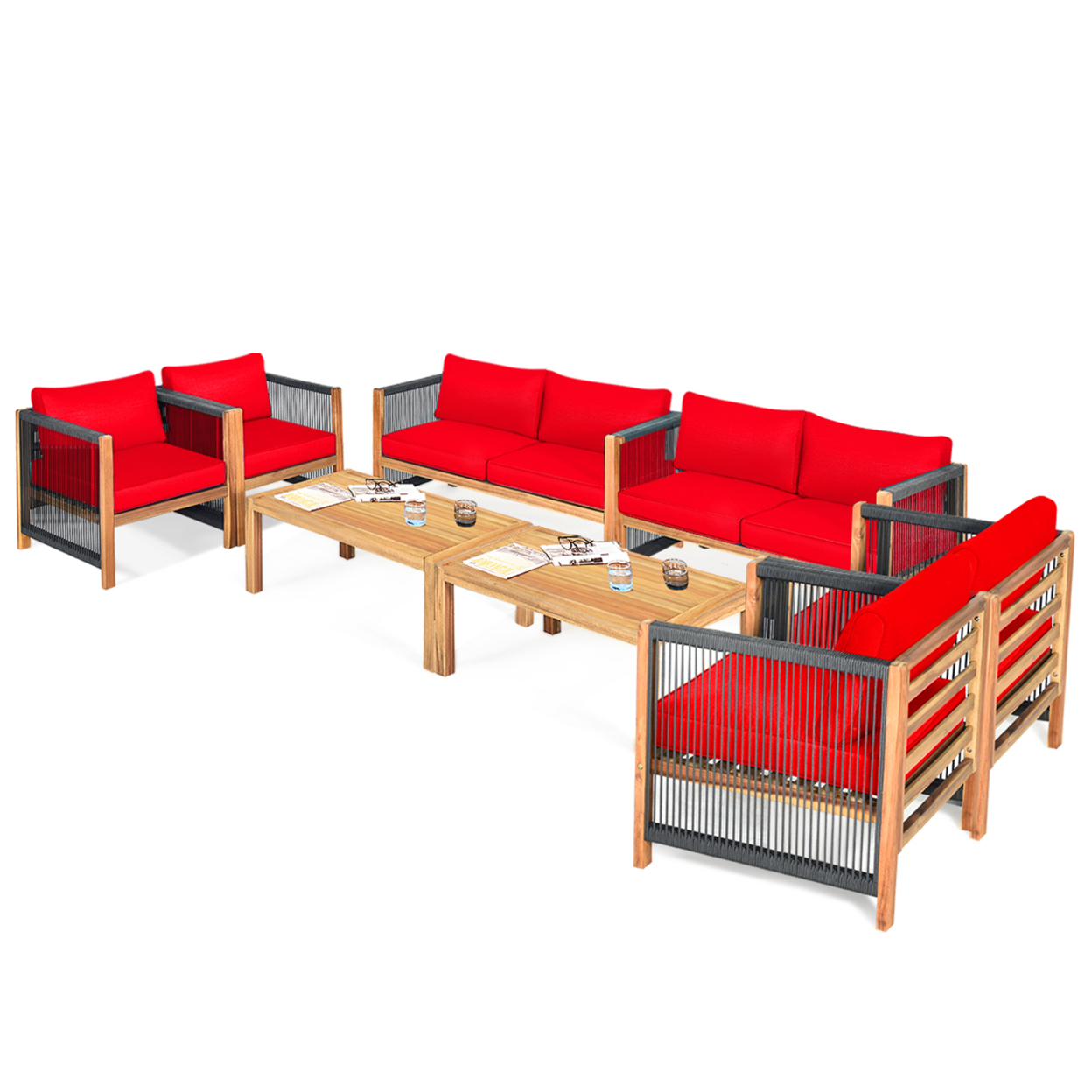 8PCS Acacia Wood Outdoor Patio Furniture Conversation Set W/ Red Cushions