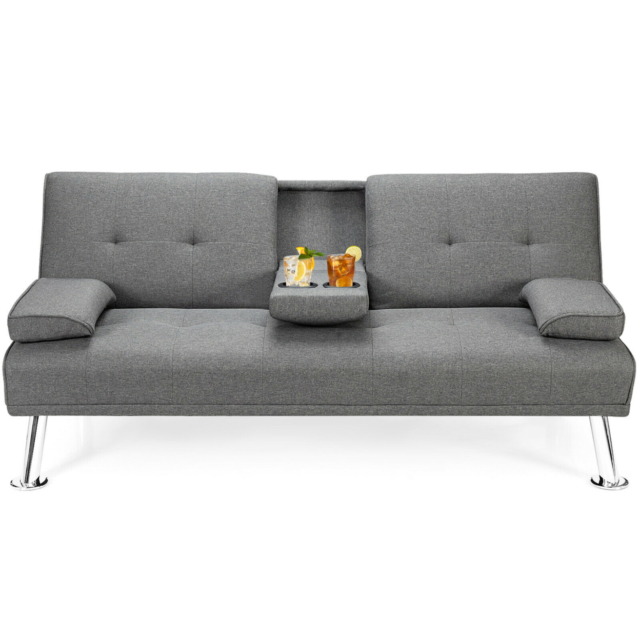 Fabric Folding Convertible Futon Sofa Bed With 2 Cup Holders Dark/Light Gray - Light Gray