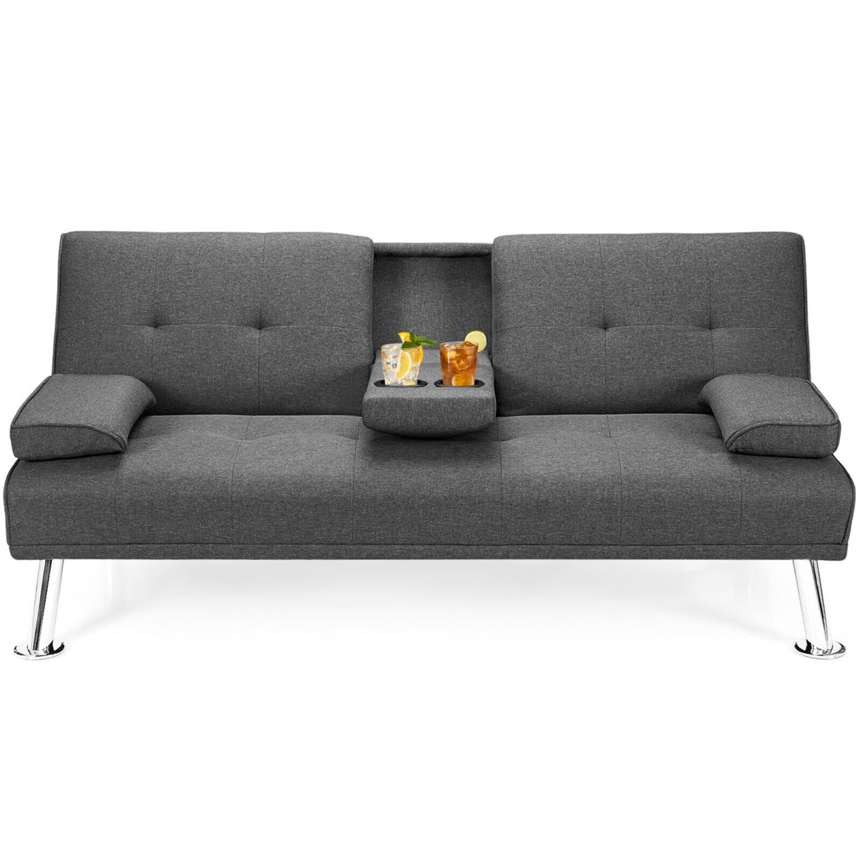 Fabric Folding Convertible Futon Sofa Bed With 2 Cup Holders Dark/Light Gray - Dark Gray
