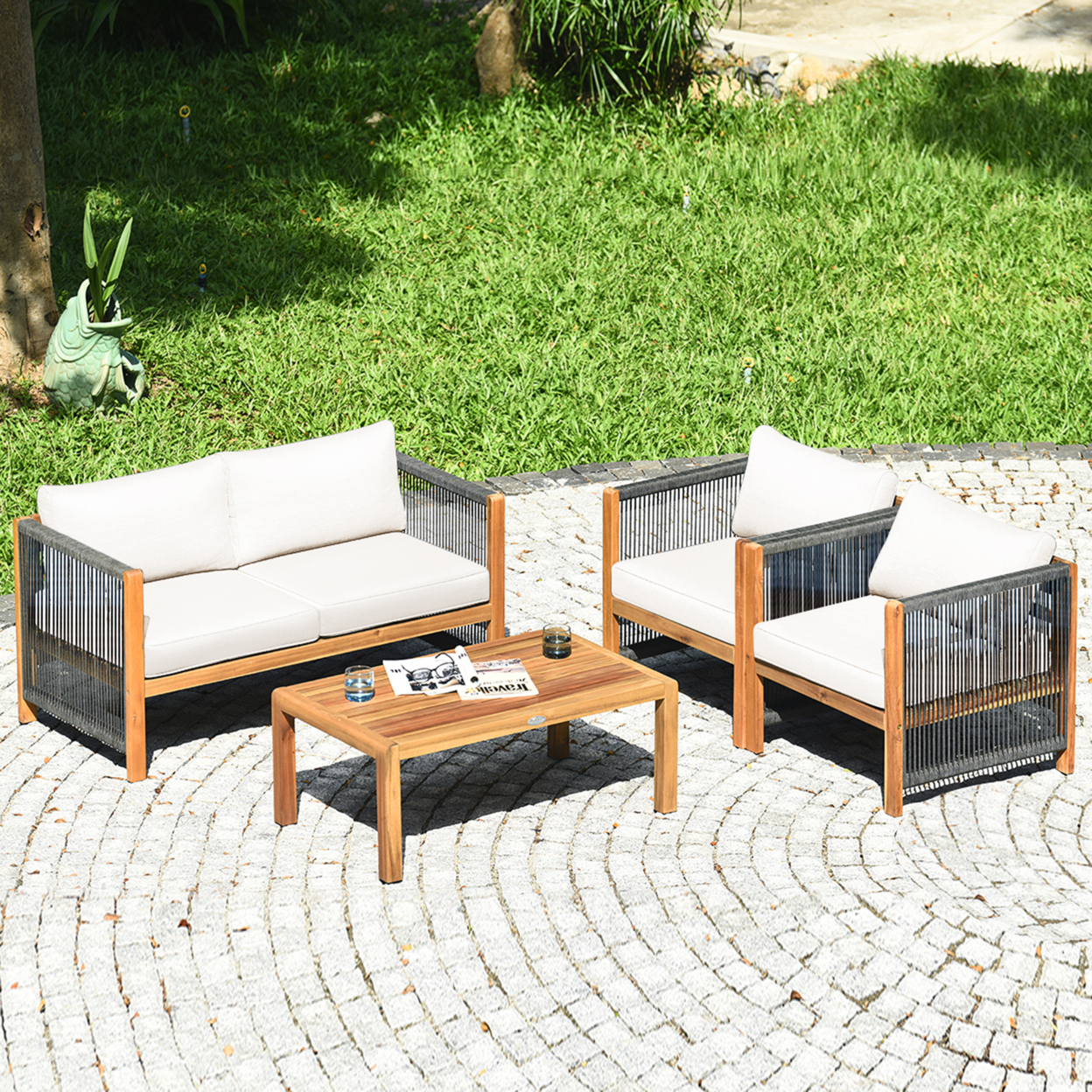 4PCS Acacia Wood Outdoor Patio Furniture Conversation Set W/ White Cushions
