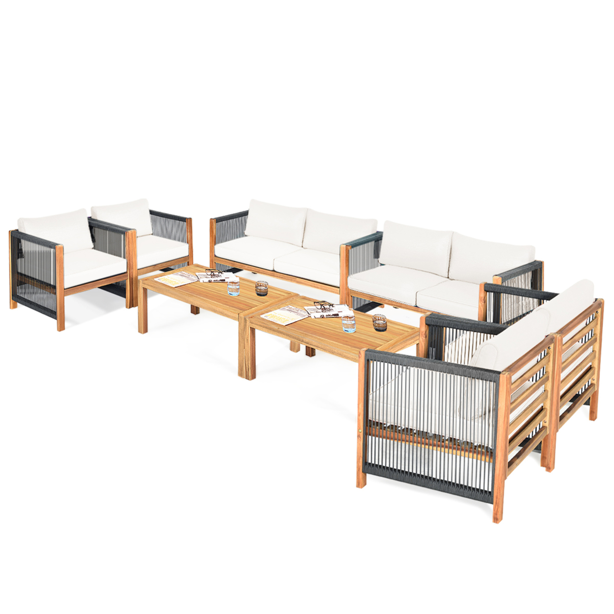8PCS Acacia Wood Outdoor Patio Furniture Conversation Set W/ White Cushions