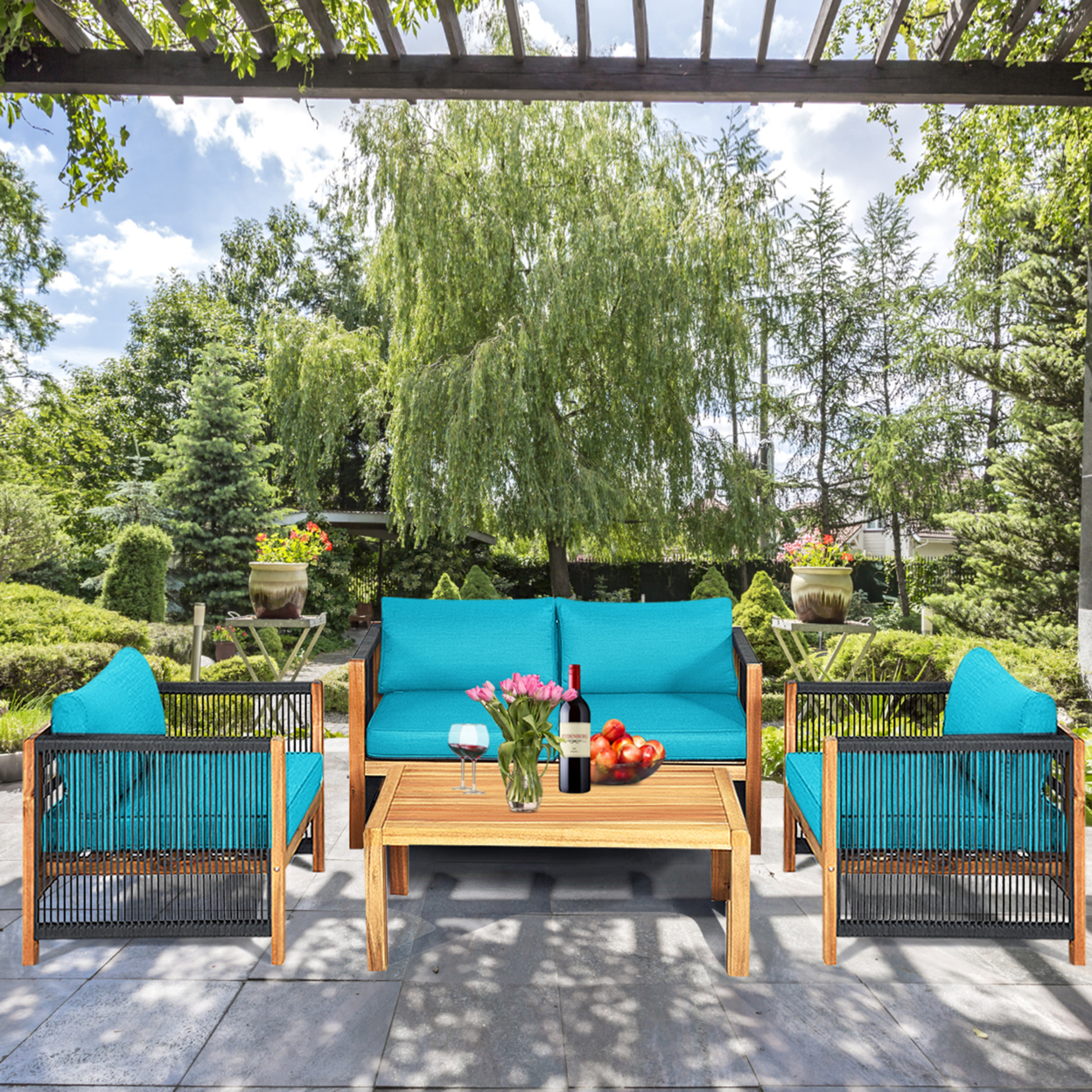 4PCS Acacia Wood Outdoor Patio Furniture Conversation Set W/ Turquoise Cushions