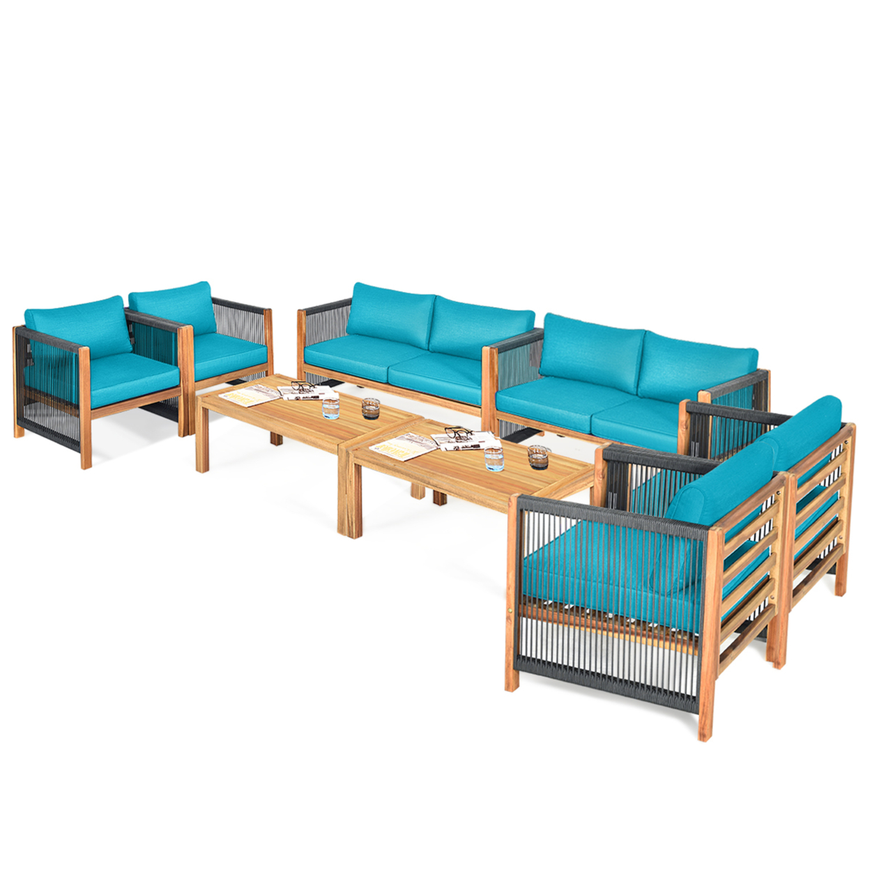 8PCS Acacia Wood Outdoor Patio Furniture Conversation Set W/ Turquoise Cushions