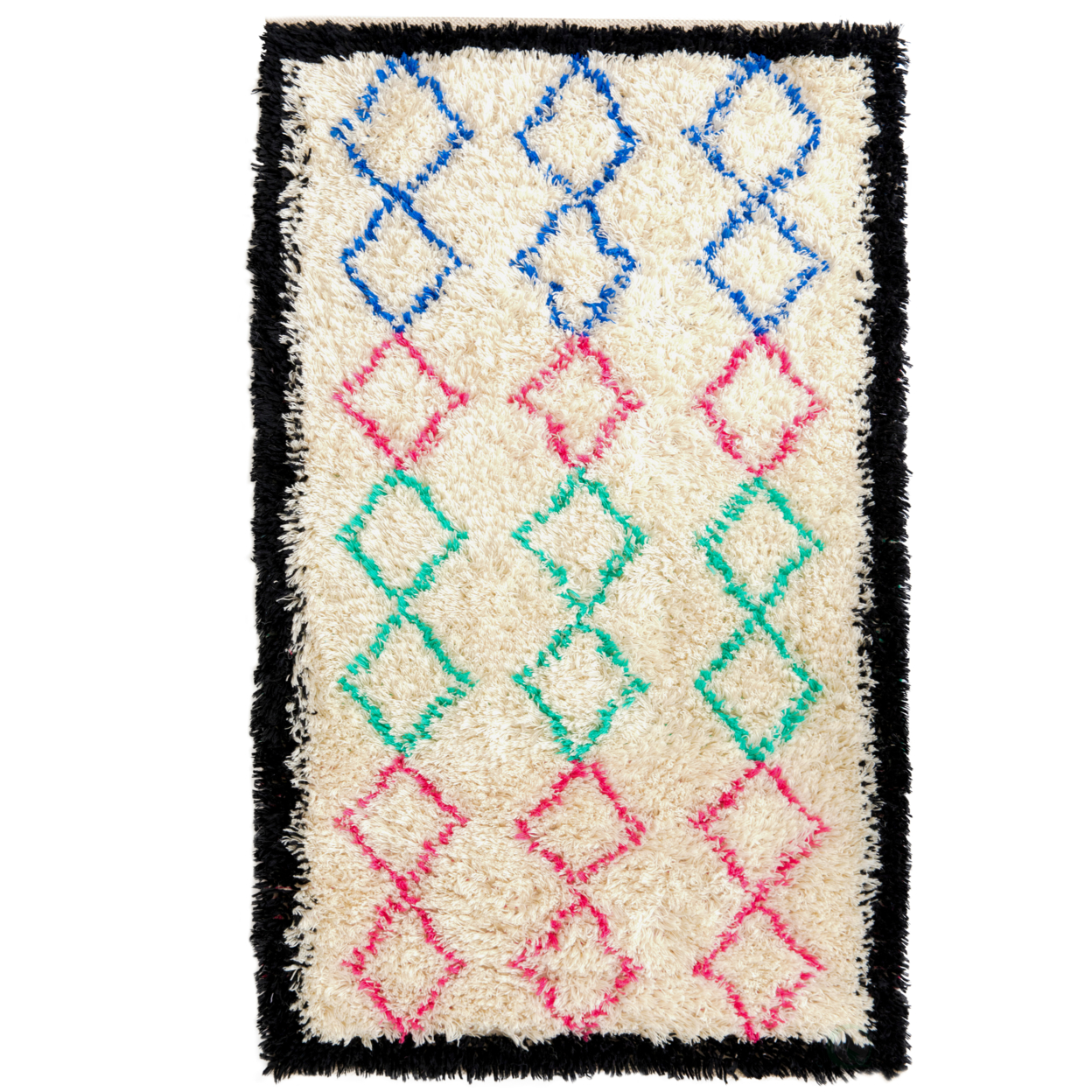 Handwoven Multicolored Geometric Trellis Plush Wool Shag Area Rug, 3' X 5'