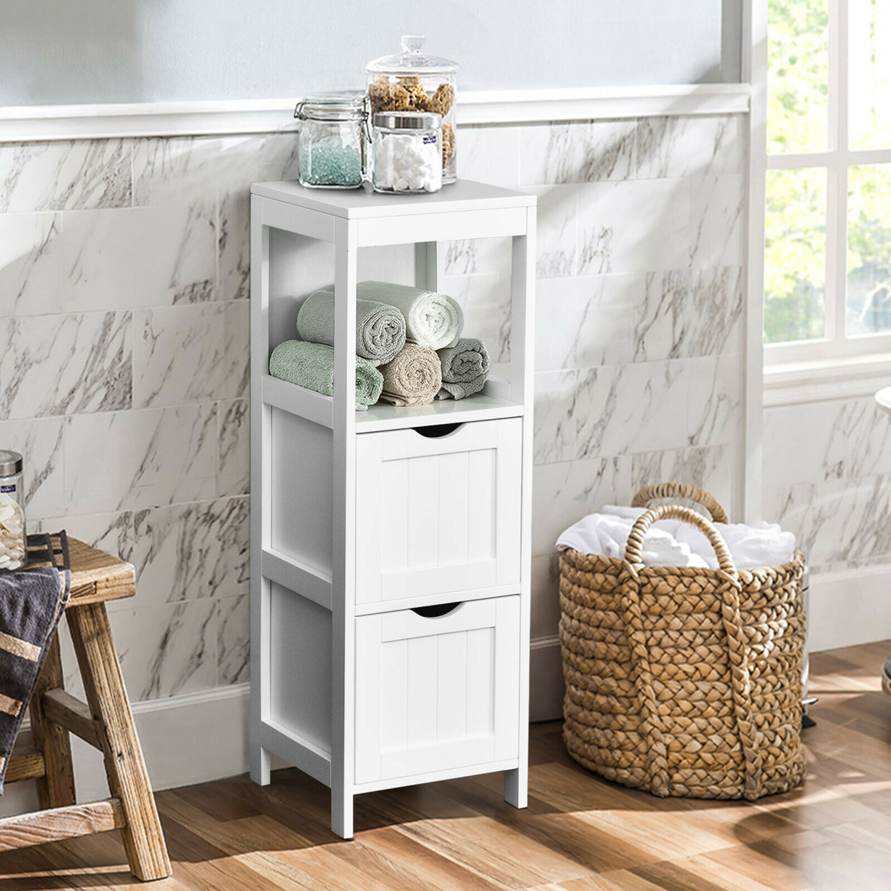 Bathroom Floor Cabinet Side Wooden Storage Organizer W/ Removable Drawers White