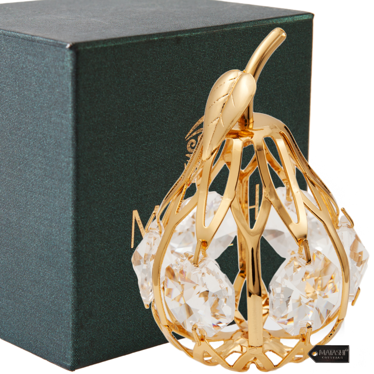 Matashi 24K Gold Plated Crystal Studded Mini Pear Ornament With Genuine Crystals For Christmas Decoration Tabletop Birthday Seasonal Gift