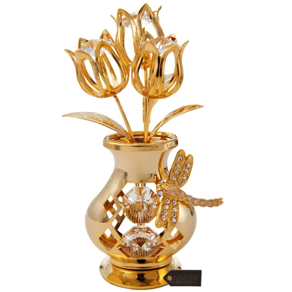 Matashi 24K Gold Plated Flower Ornament In Vase W/ Decorative Dragonfly W/ Crystals Tabletop Ornament Gift For Mother's Day Valentine's Day