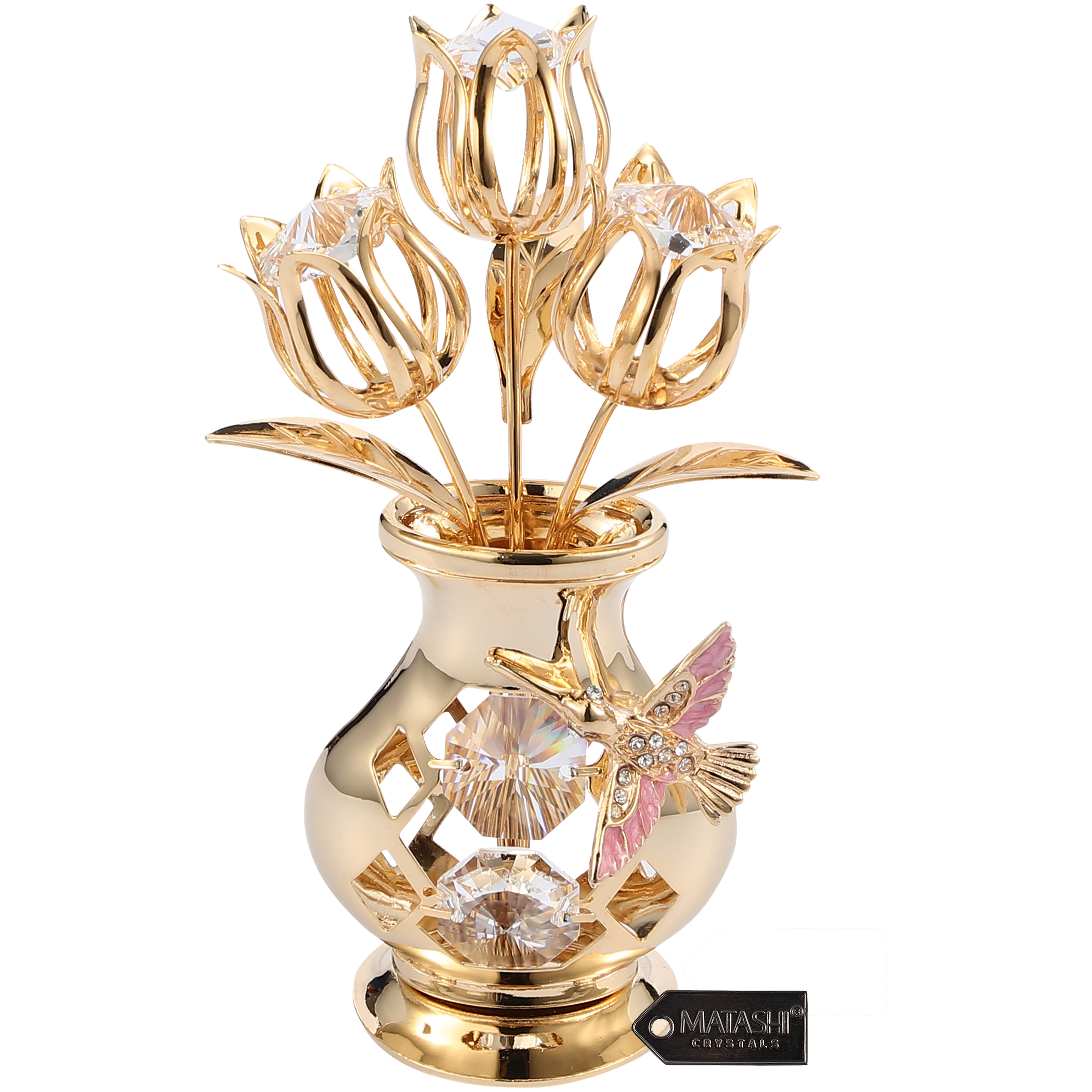 Matashi 24K Gold Plated Crystal Studded Flower Ornament In Vase W/ Decorative Hummingbird Tabletop Gift For Mother's Day Valentine's Day - C