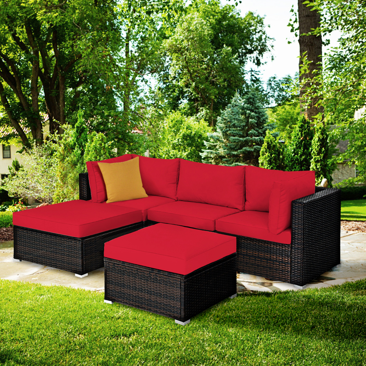 5PCS Rattan Patio Conversation Set Outdoor Furniture Set W/ Ottoman Red Cushion