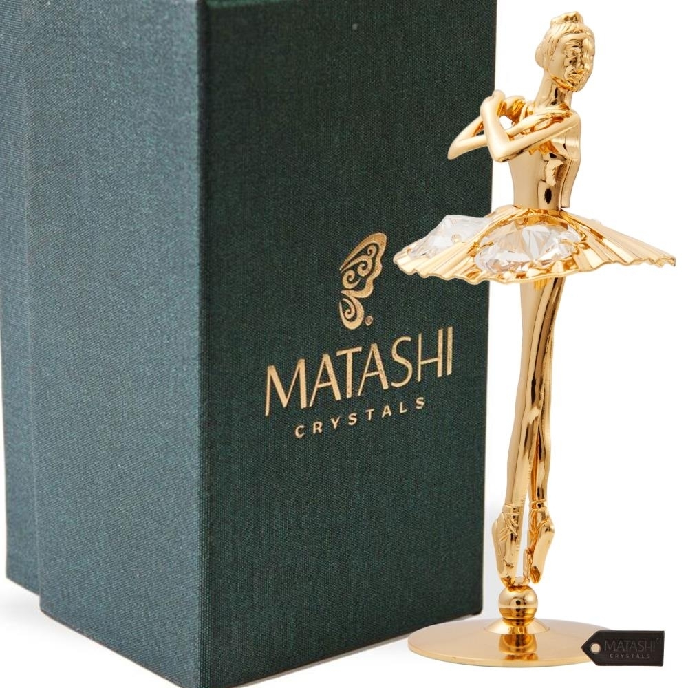 Matashi 24K Gold Plated Crystal Studded Ballerina W/ Arms Crossed Figurine Tabletop Showpiece Gift For Birthday Mother's Day Christmas