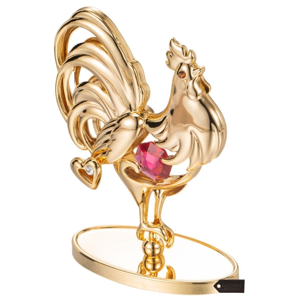 Matashi 24K Gold Plated Crystal Studded Rooster Ornament W/ Red And Clear Crystals Showpiece Gift For Christams Valentine's Day Mother's Day