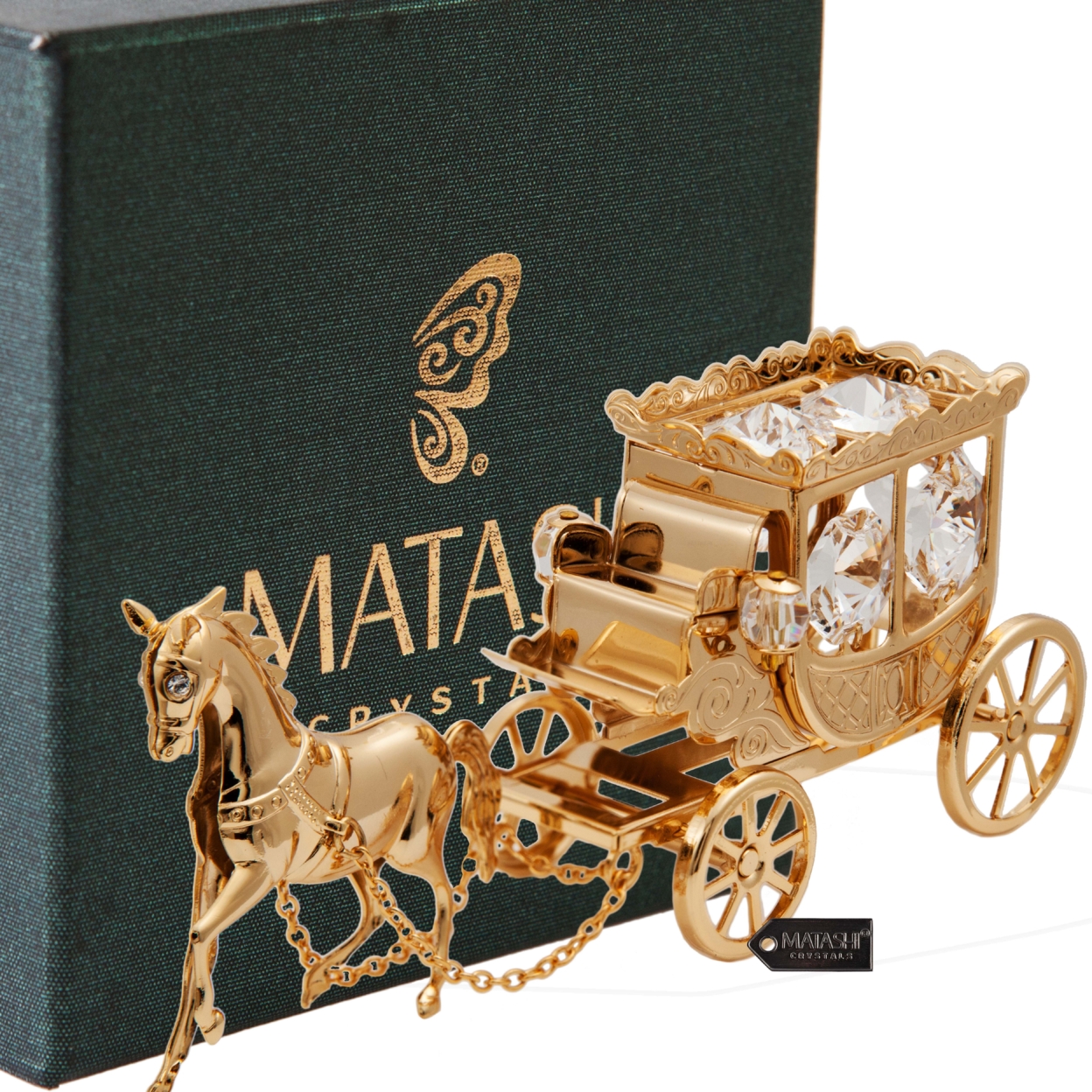 Matashi 24K Gold Plated Crystal Studded Horse Drawn Carriage Ornament Tabletop Showpiece Gift For Christams Valentine's Day Mother's Day