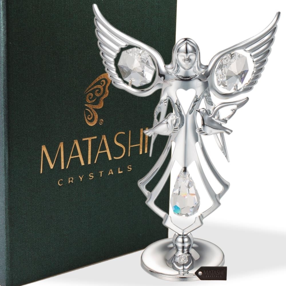 Matashi Guardian Angel Figurine Crystal Studded Ornament (Angel With Doves, Chrome/Silver) Gift For Christams Valentine's Day Mother's Day