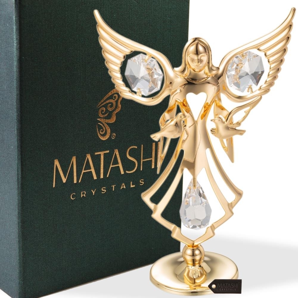 Matashi 24K Gold Plated Crystals Guardian Angel W/ Doves Figurine Ornament Decorative Tabletop Showpiece Gift For Christmas Mother's Day