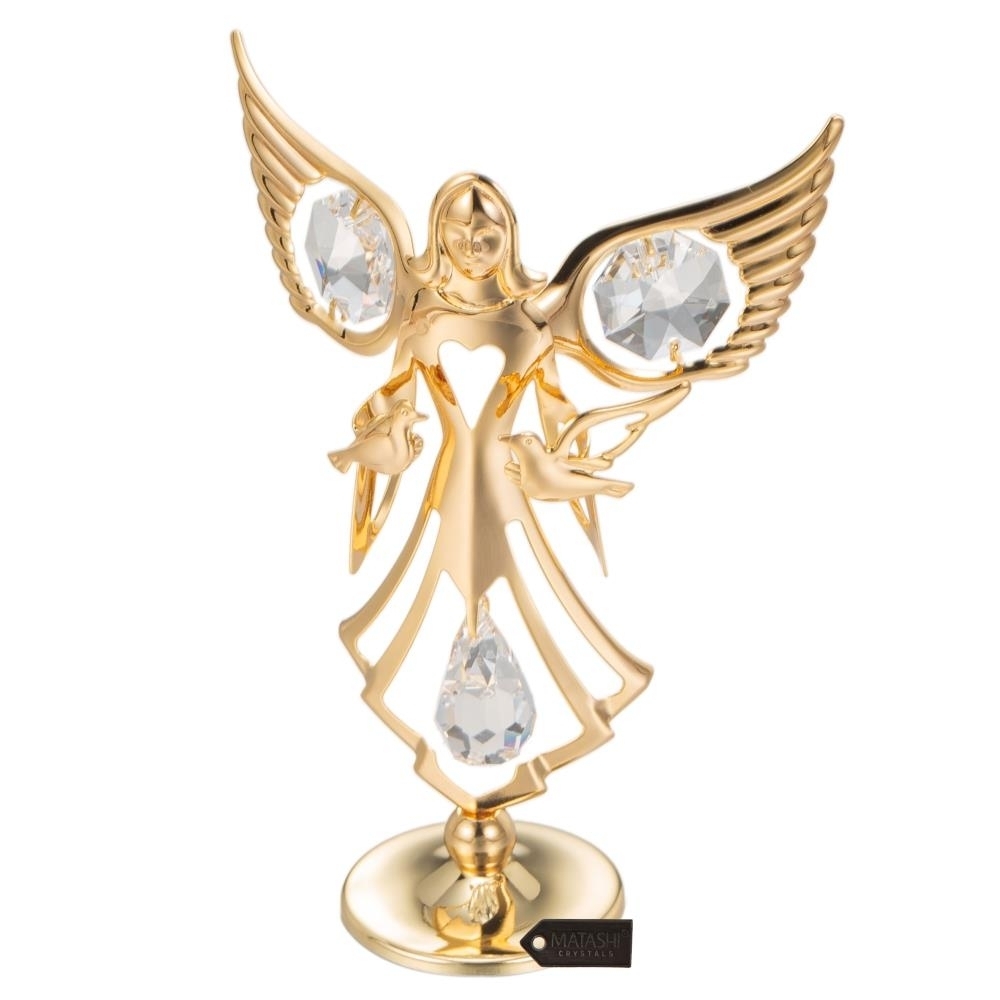 Matashi 24K Gold Plated Crystals Guardian Angel W/ Doves Figurine Ornament Decorative Tabletop Showpiece Gift For Christmas Mother's Day