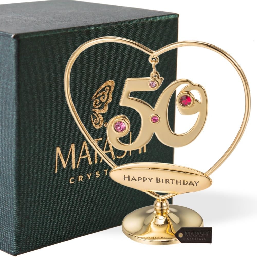 Matashi 24K Gold Plated Heart Happy Birthday Or Happy Anniversary Table Top Ornament W/ Crystals (50 Th Happy Birthday, Gold Plated)