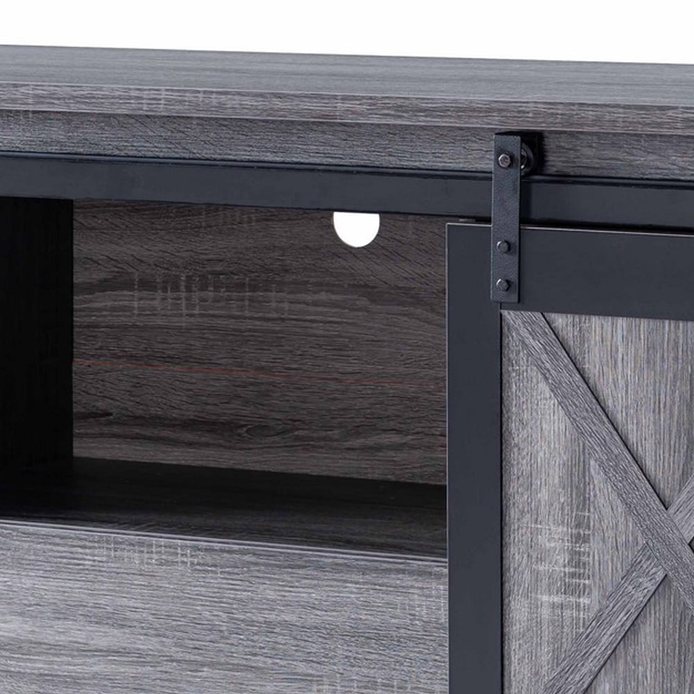 Barn Style 1 Drawer TV Stand With Sliding Door, Distressed Gray And Black- Saltoro Sherpi