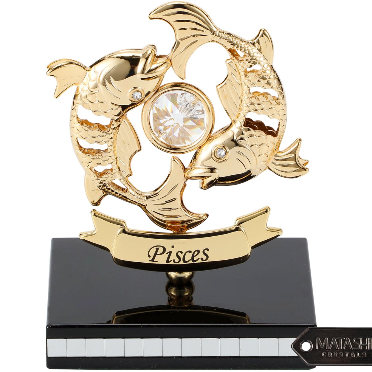 Matashi 24K Gold Plated Zodiac Astrological Sign Pisces Figurine Statuette On Stand Studded With Crystals Gift For Mom Girlfriend Wife Dad