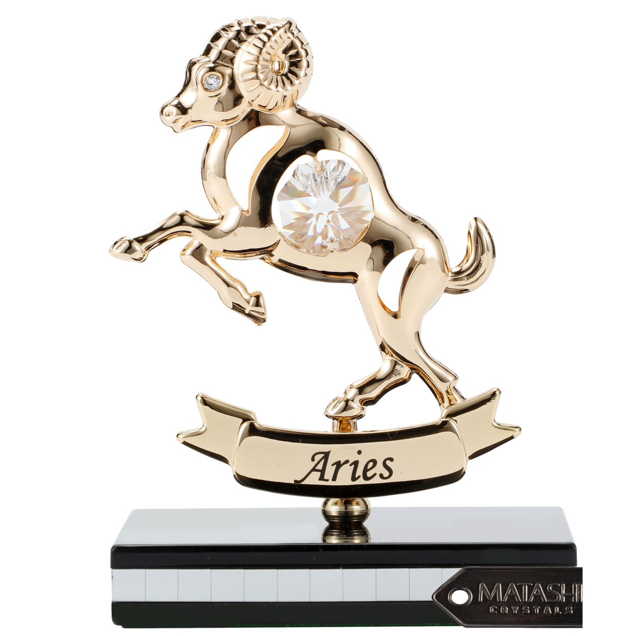 Matashi 24K Gold Plated Zodiac Astrological Sign Aries Figurine Statuette On Stand Studded With Crystals Gift For Mom Girlfriend Wife Dad