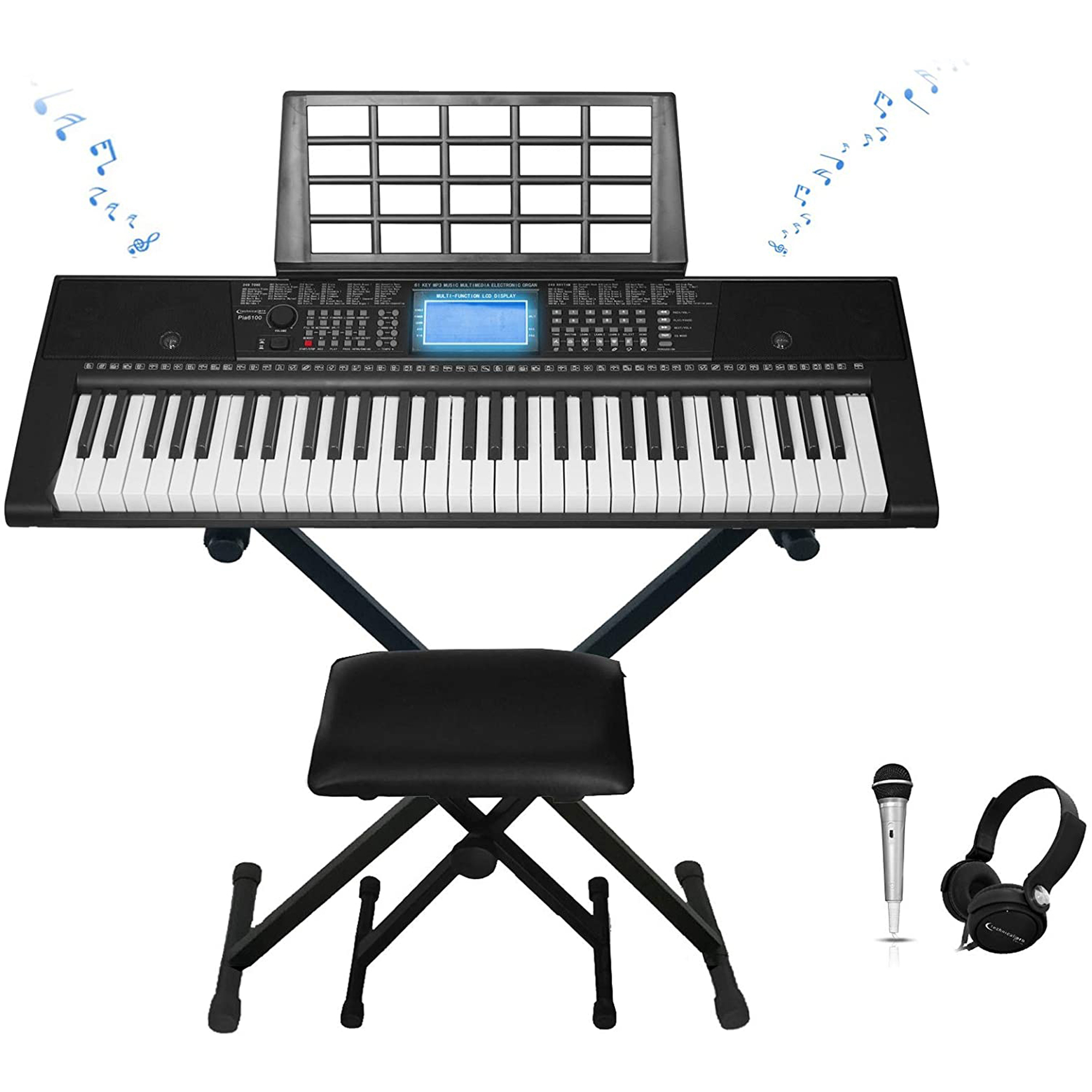 Technical Pro 61 Keys Electric Piano Learning Keyboard Bundle With Seat, Stand And Mic, 3x Learning Mode, Built In Speaker Headphone