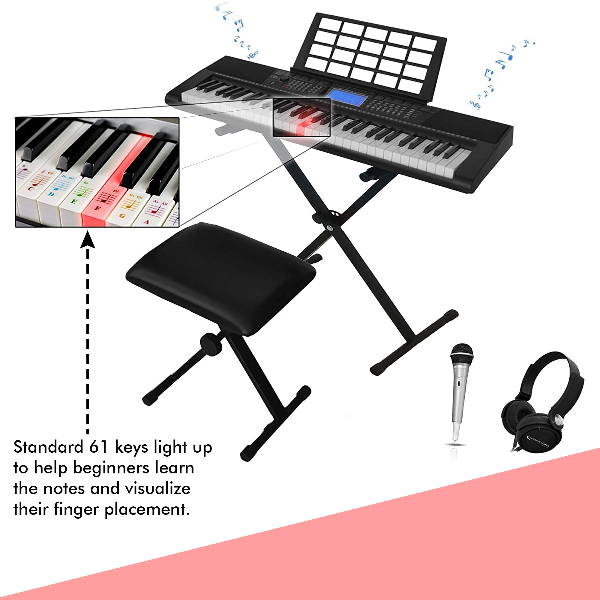 Technical Pro 61 Keys Electric Piano Learning Keyboard Bundle With Seat, Stand And Mic, 3x Learning Mode, Built In Speaker Headphone