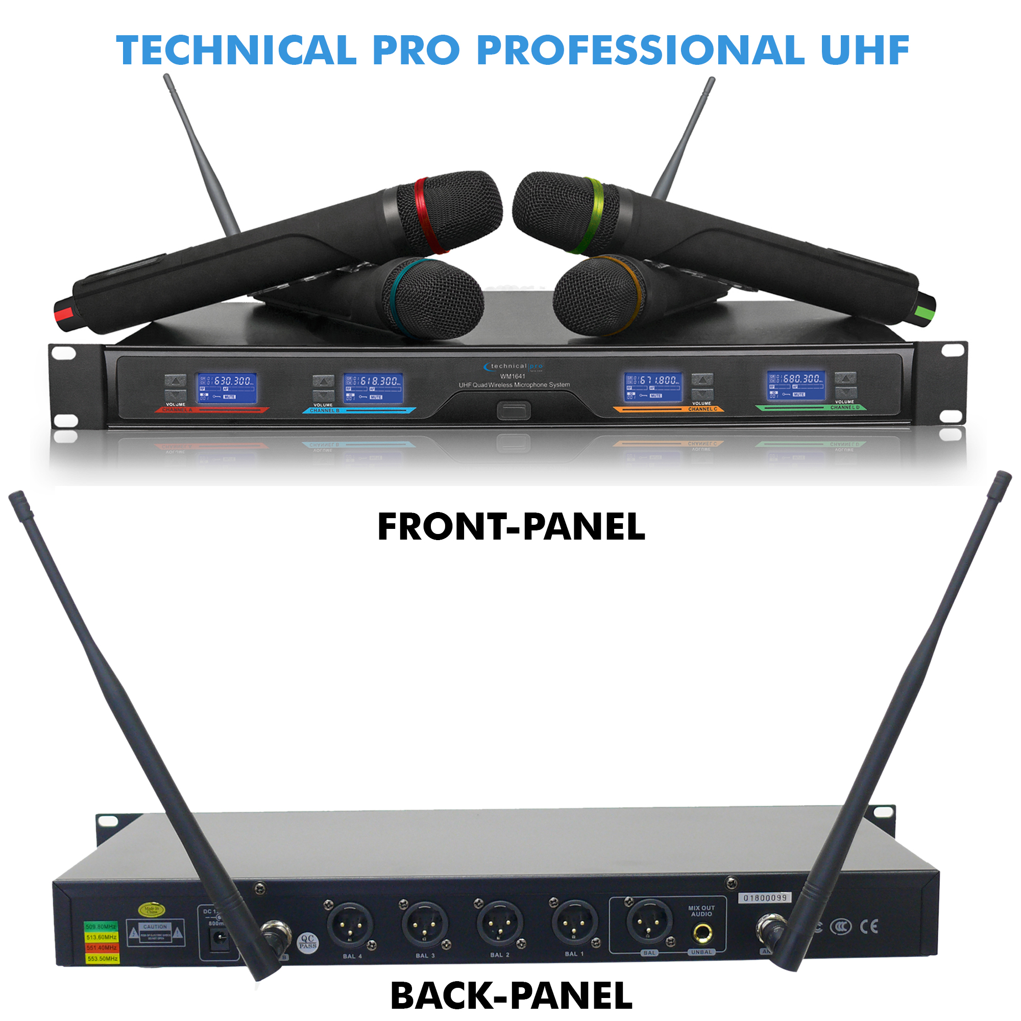 Technical Pro Professional UHF Quad Wireless Microphone System, Mic Set With Four Handheld UHF Wireless Microphone, Individual XLR Outputs