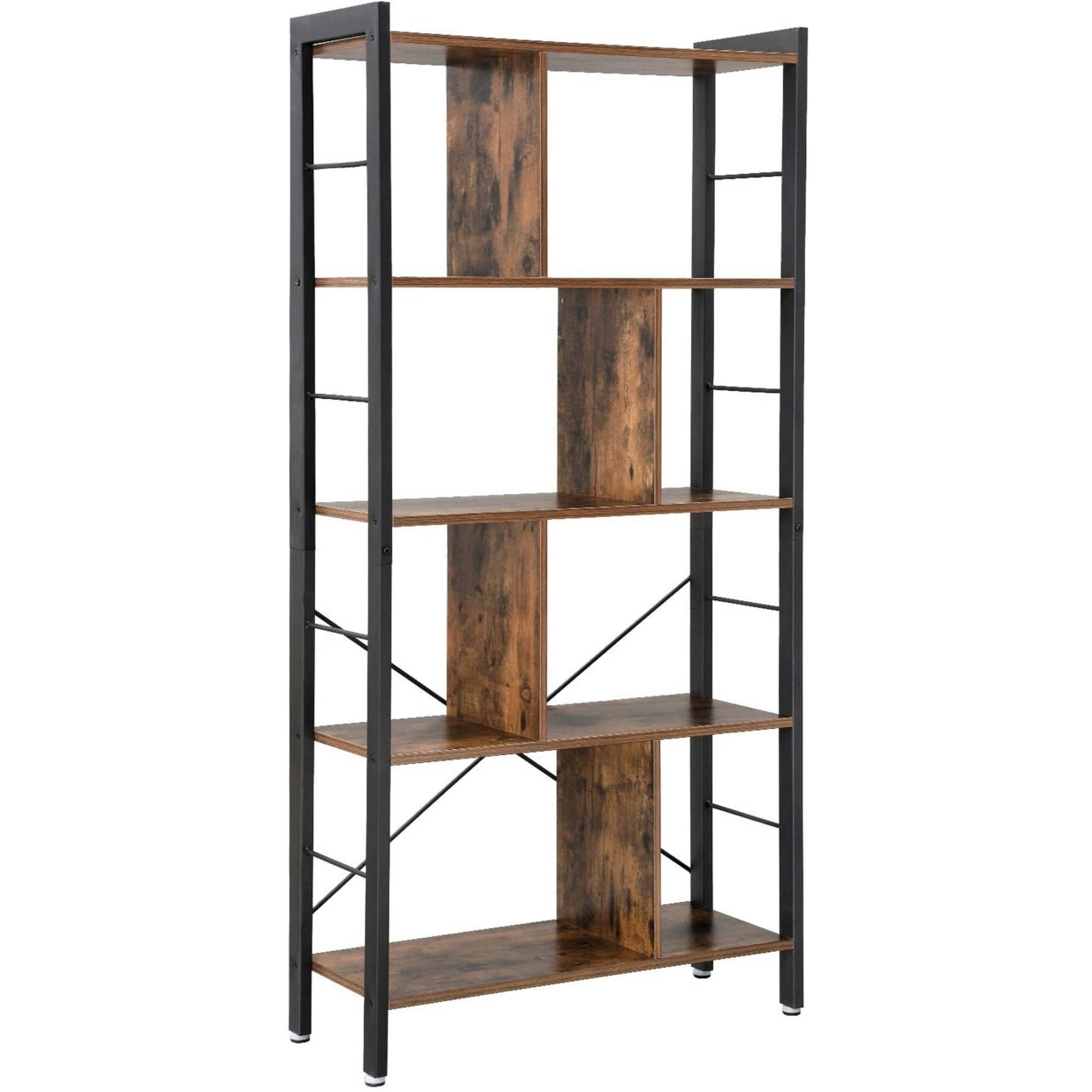 4 Tier Wood And Metal Bookcase With Crossbars, Brown And Black- Saltoro Sherpi