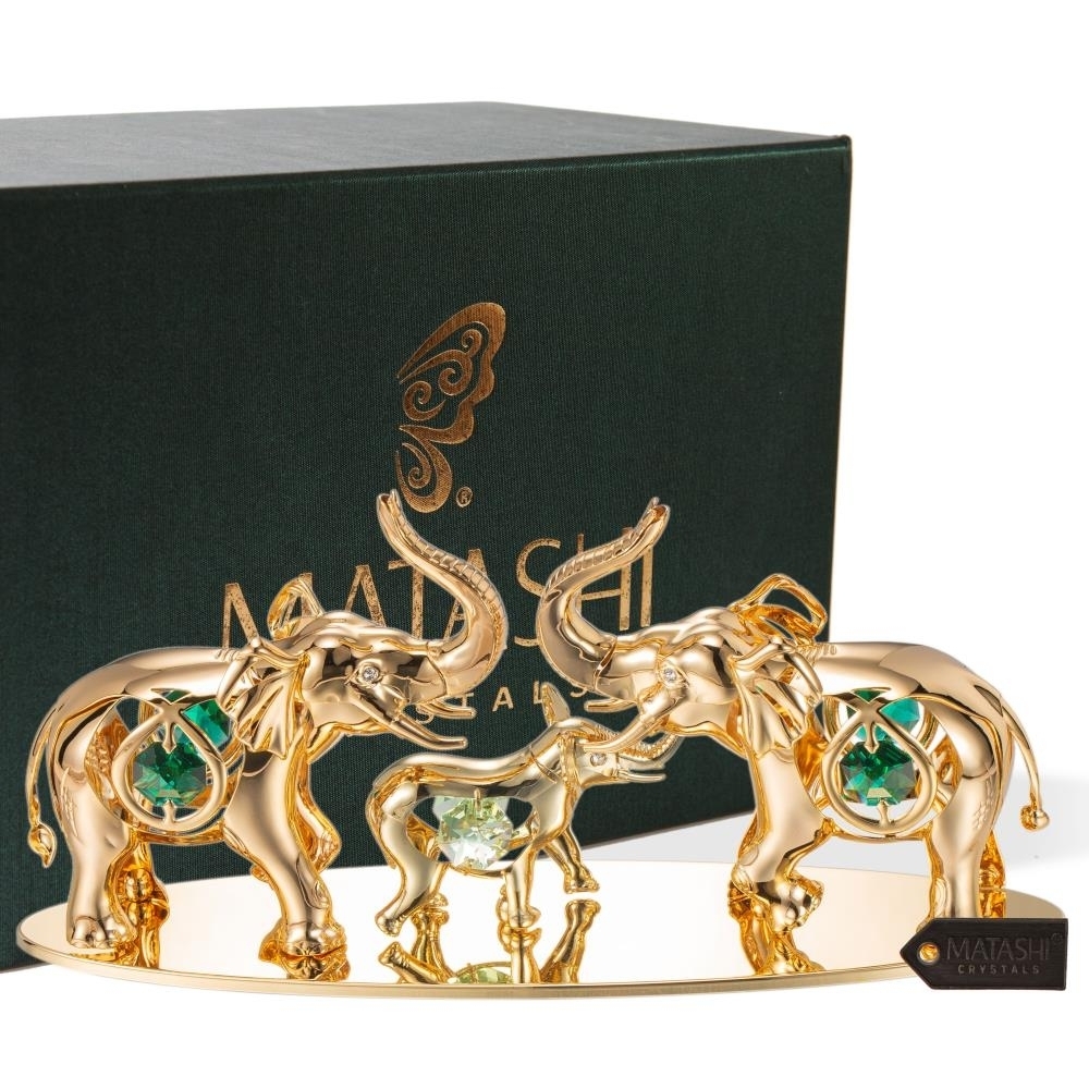 24K Gold Plated Crystal Studded Family Of Elephants Ornaments By Matashi
