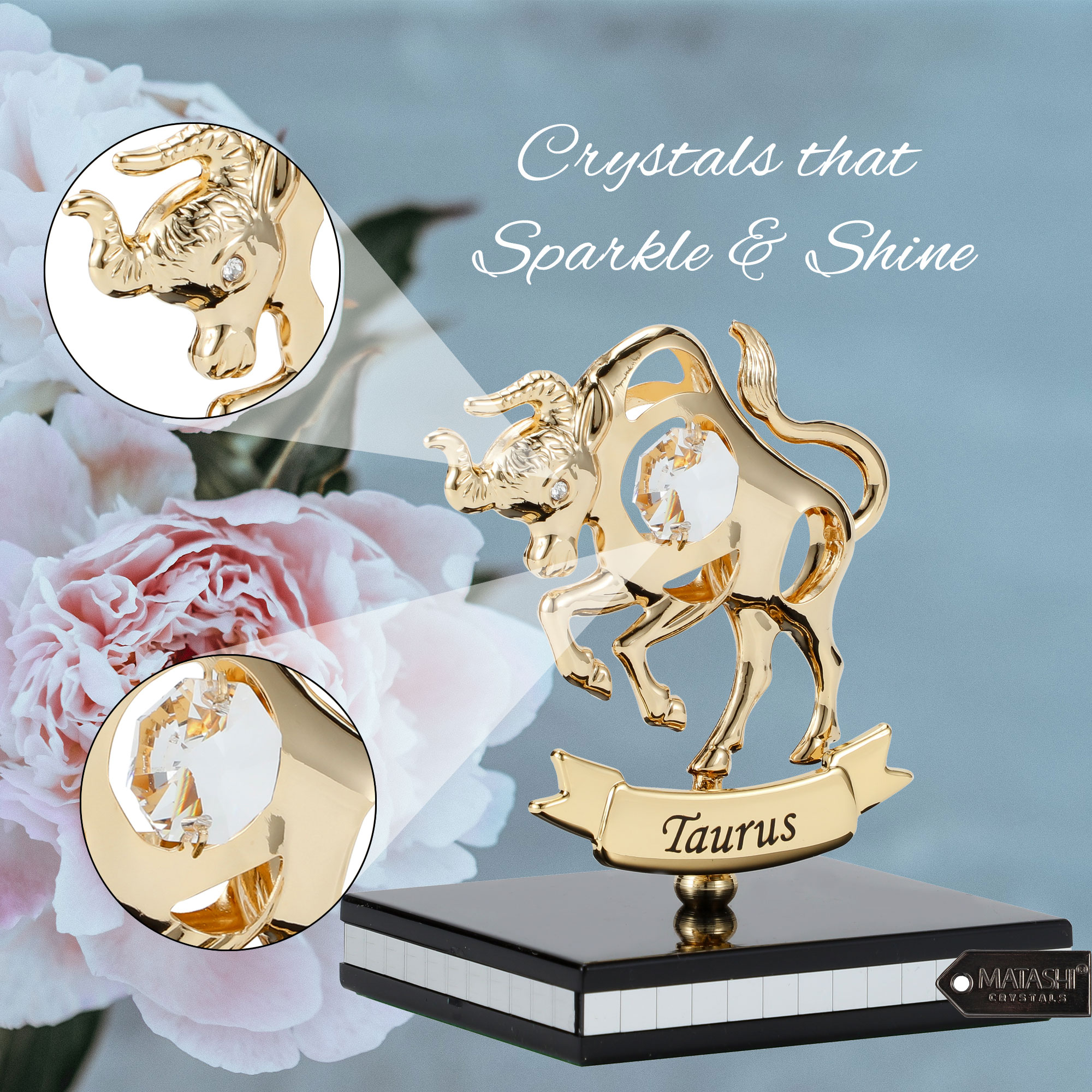 Matashi 24K Gold Plated Zodiac Astrological Sign Taurus Figurine Statuette On Stand Studded With Crystals Gift For Mom Girlfriend Wife Dad
