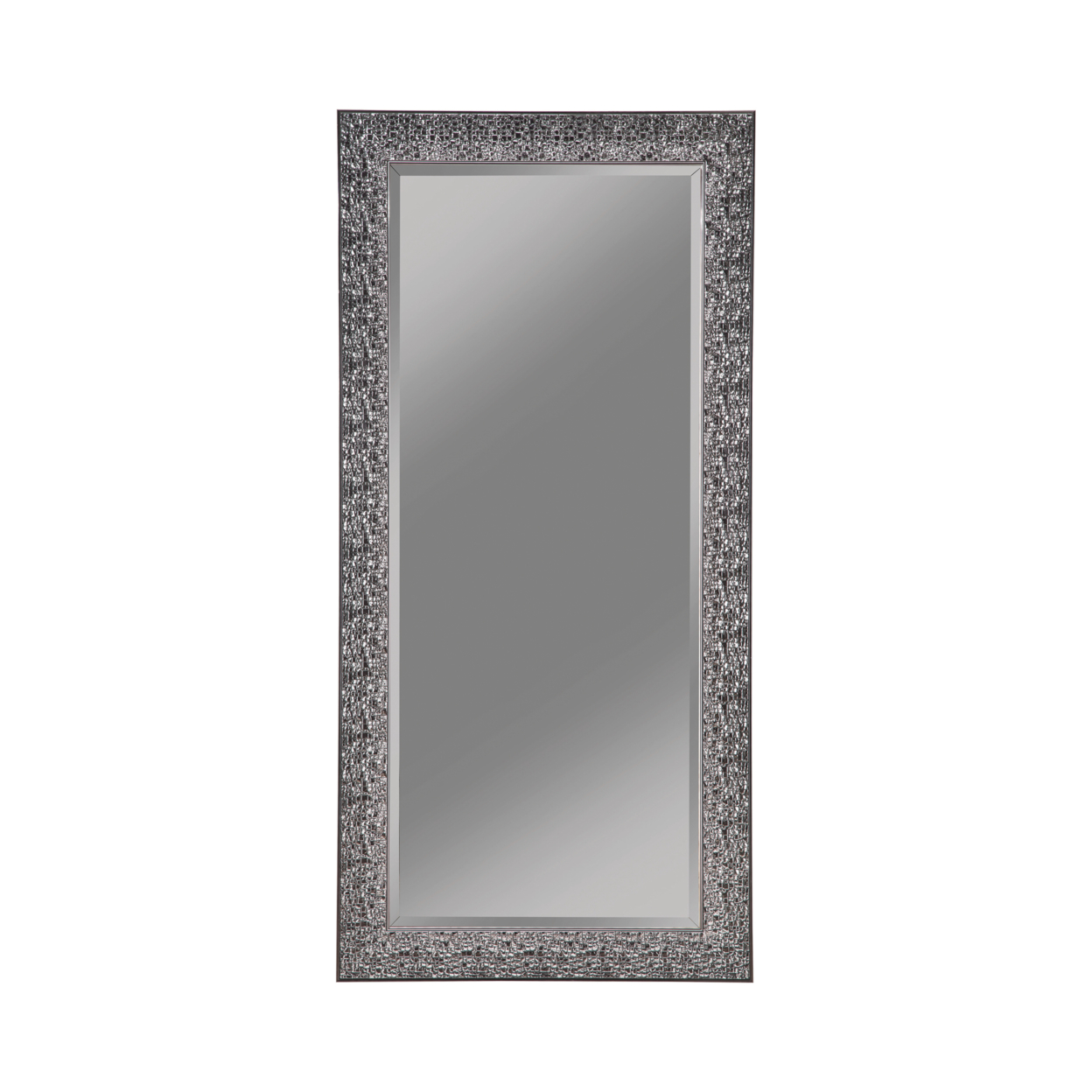 Rectangular Beveled Accent Floor Mirror With Glitter Mosaic Pattern, Gray- Saltoro Sherpi