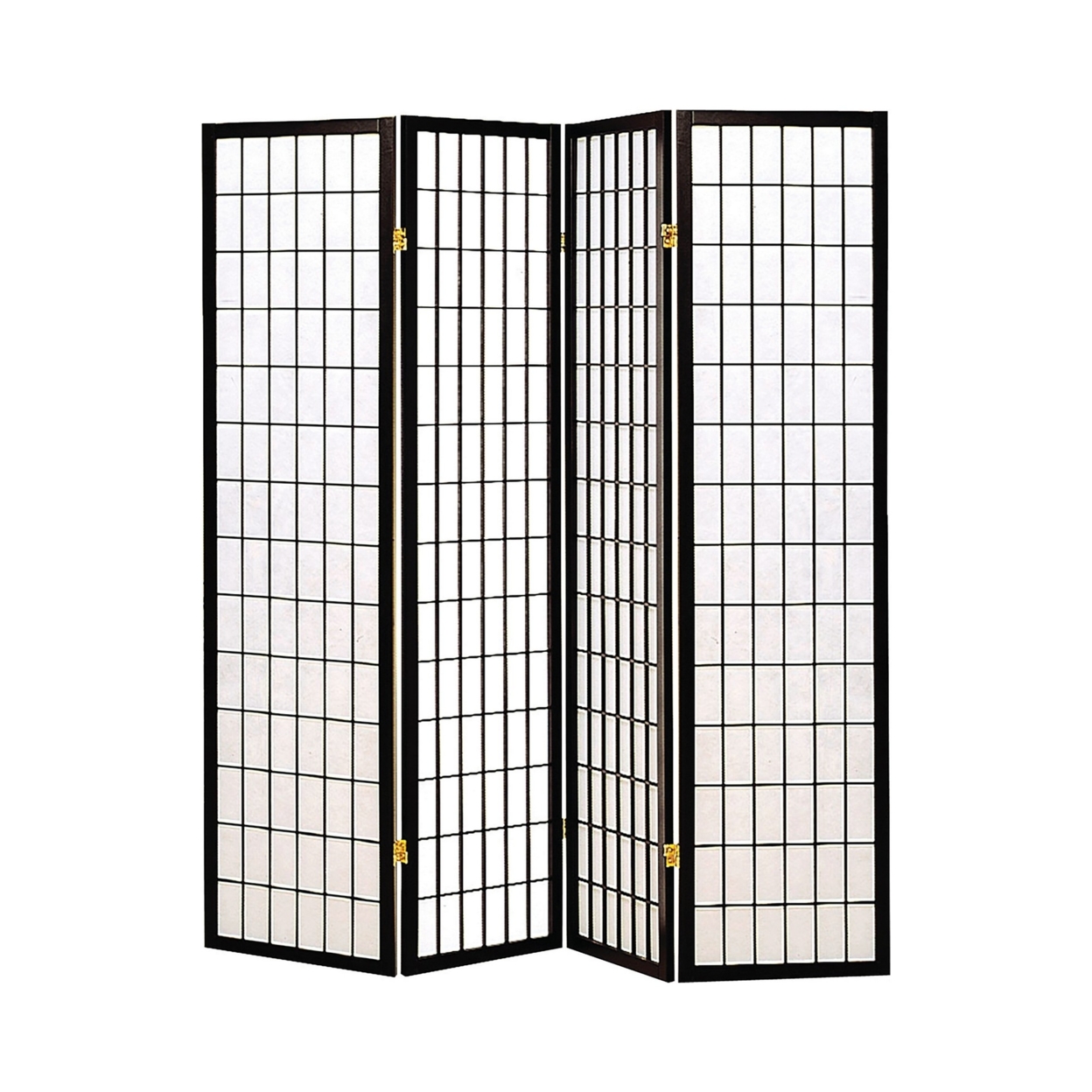 4 Panel Foldable Wooden Frame Room Divider With Grid Design, Black- Saltoro Sherpi