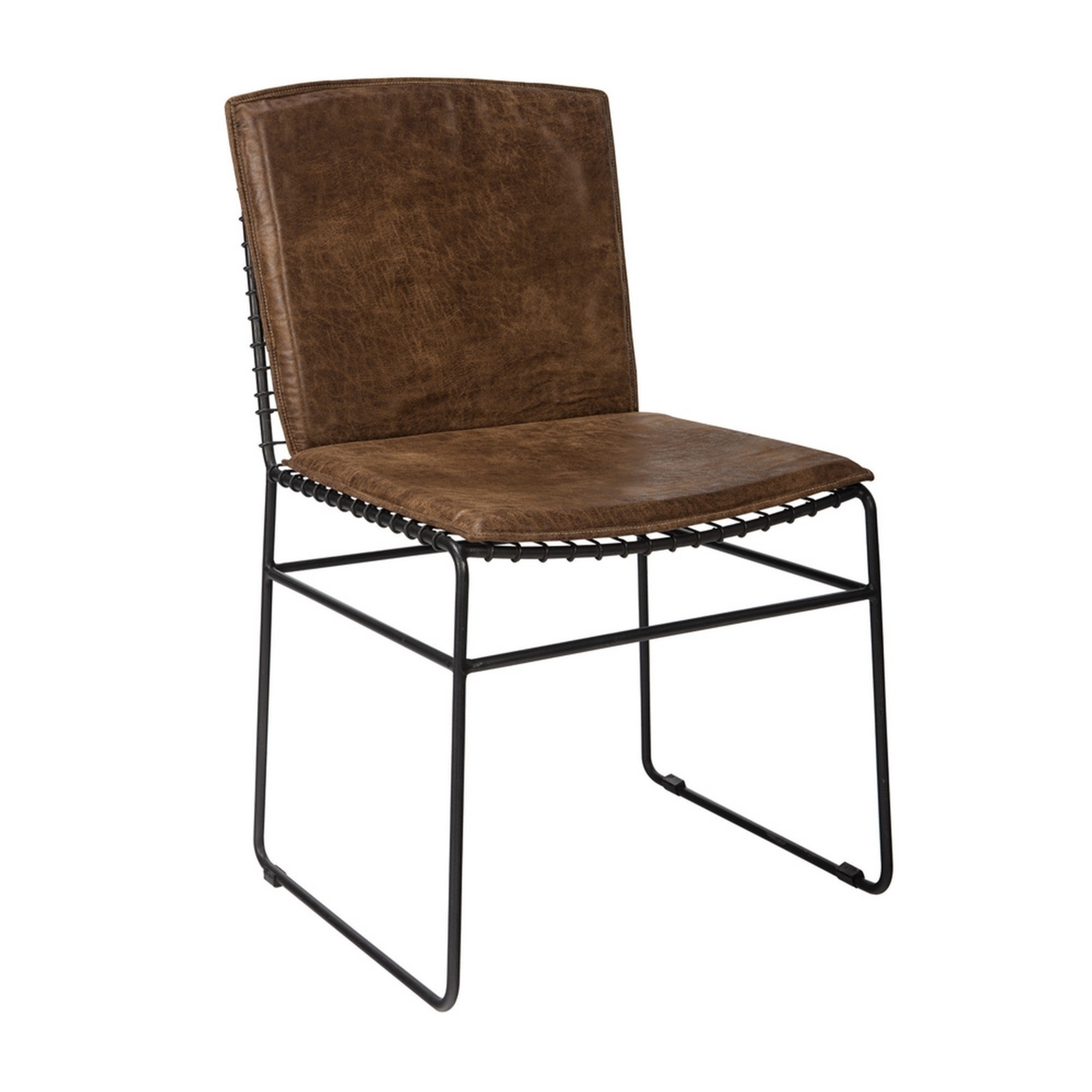 Grid Metal Leatherette Side Chairs With Sled Base, Set Of 2, Brown And Black- Saltoro Sherpi
