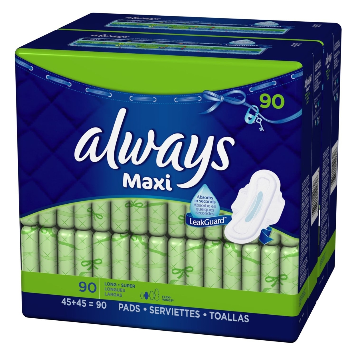 Always Maxi Long Super Pads With Wings - 90 Count