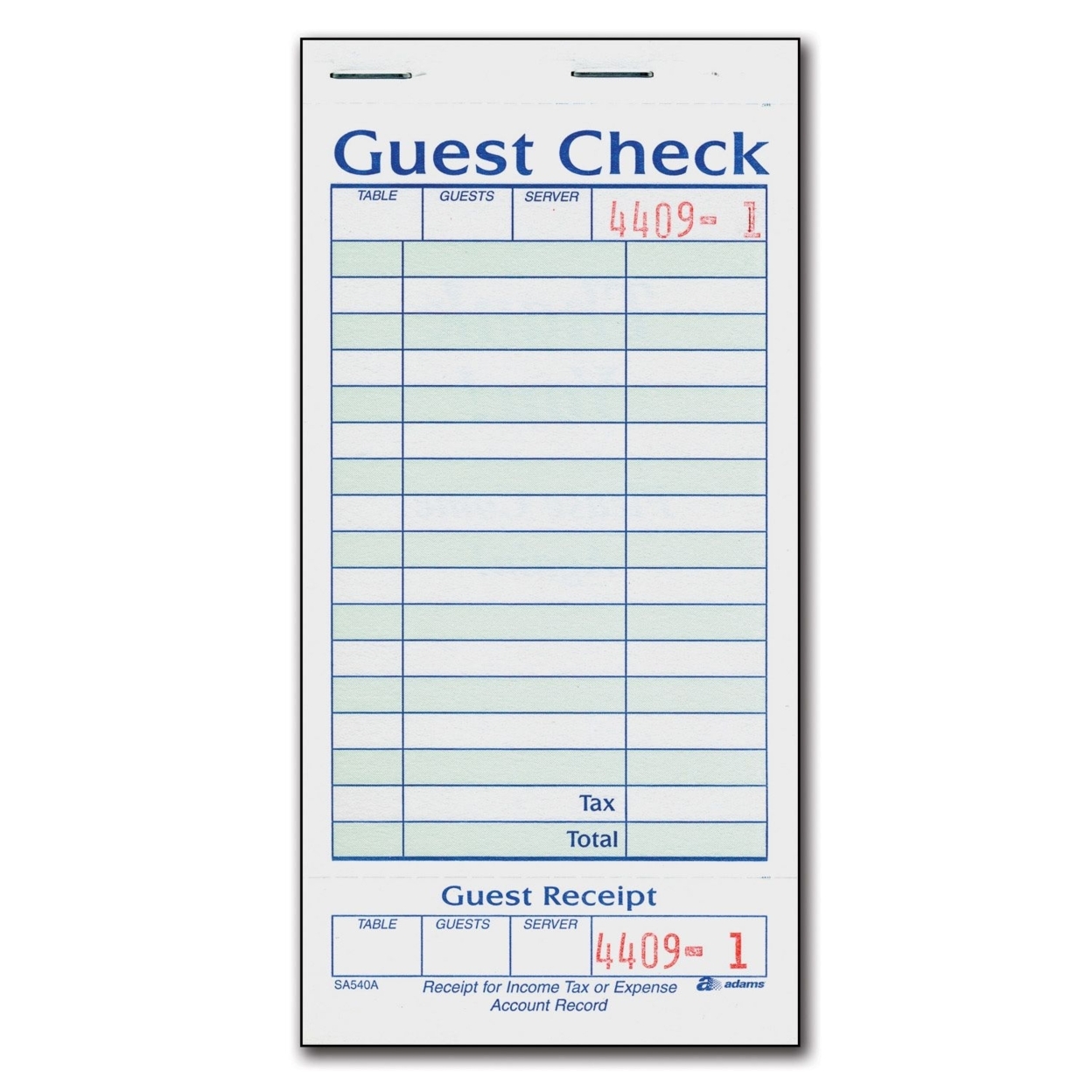 1-Part Guest Check With Stub - 20 Books/50 Checks