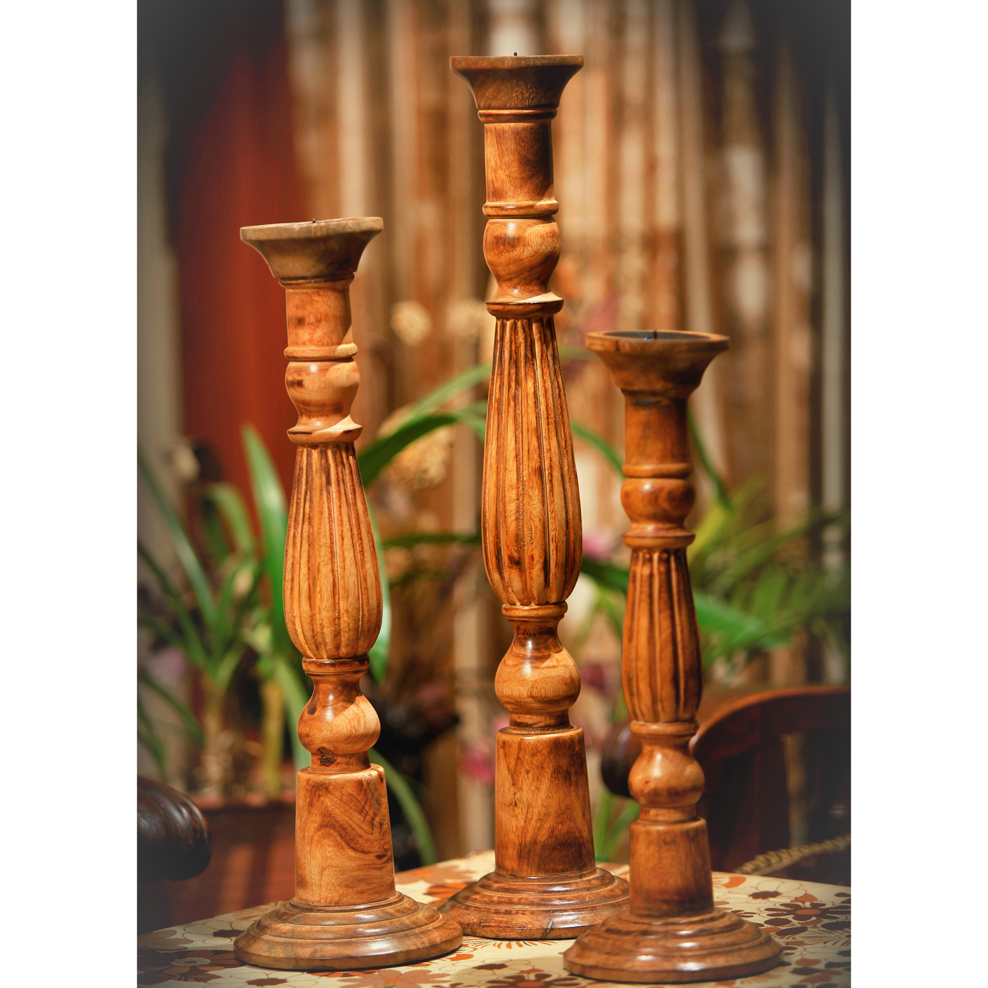 Benzara Wooden Natural Finish Pillar Shaped Candleholder, Set Of 3, Brown- Saltoro Sherpi