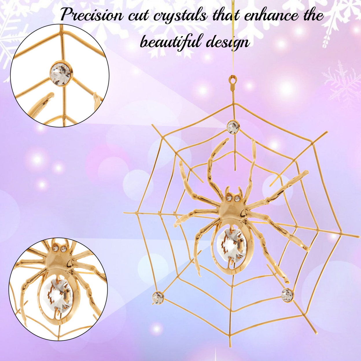 Matashi 24K Gold Plated Crystal Studded Spider On Web Hanging Ornaments For Christmas Tree, Christmas Spider Hanging Decor For Holiday