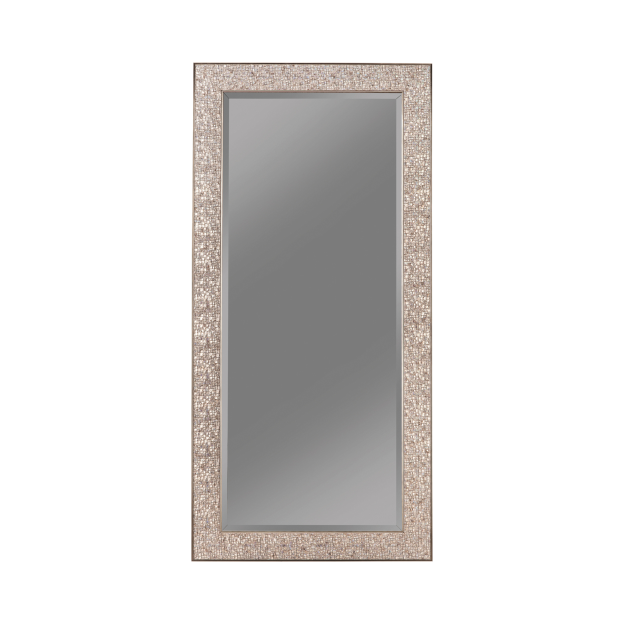 Rectangular Beveled Accent Floor Mirror With Glitter Mosaic Pattern, Silver- Saltoro Sherpi