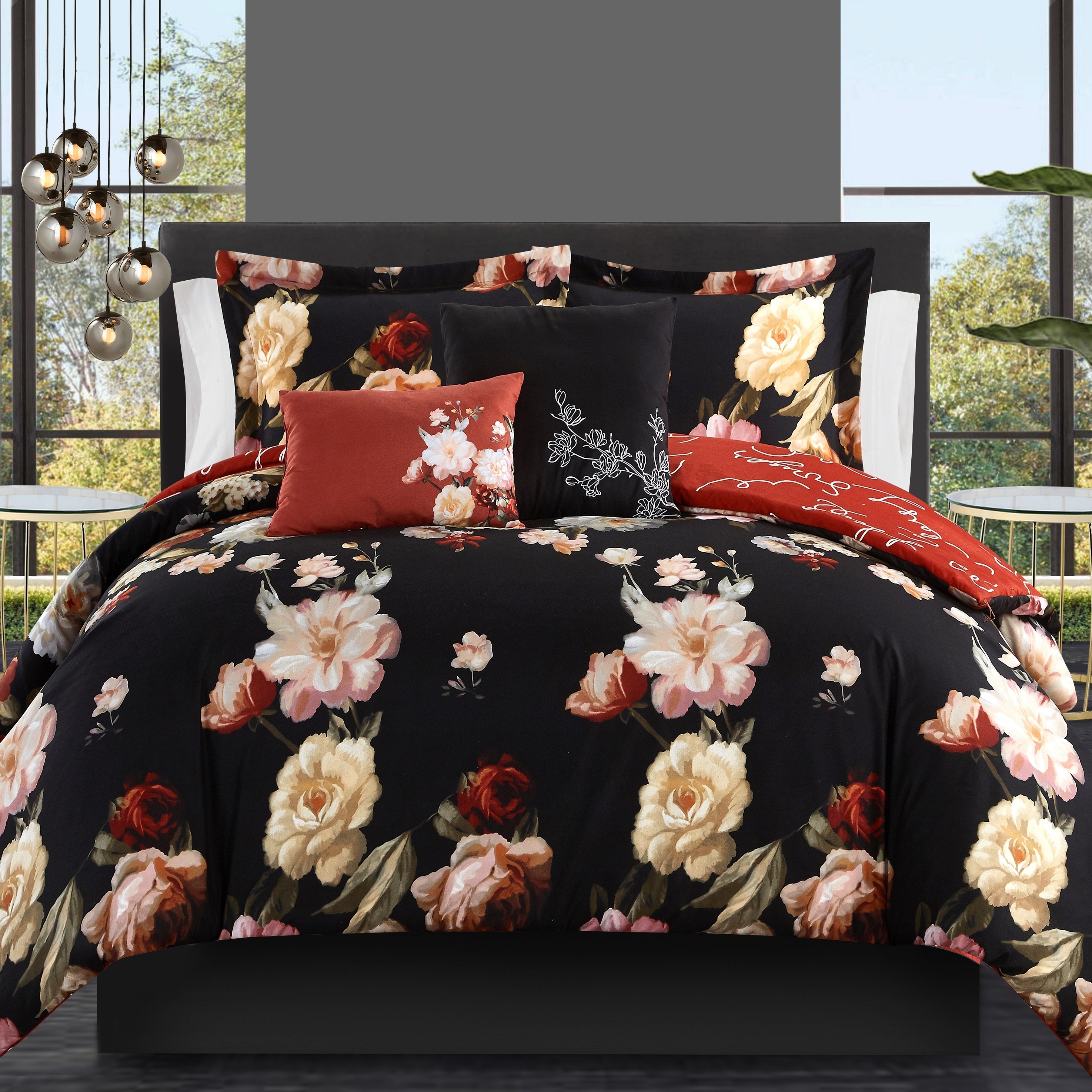 Vibrant Floral Print 5 Or 4 Piece Reversible Comforter Set - Black, Twin