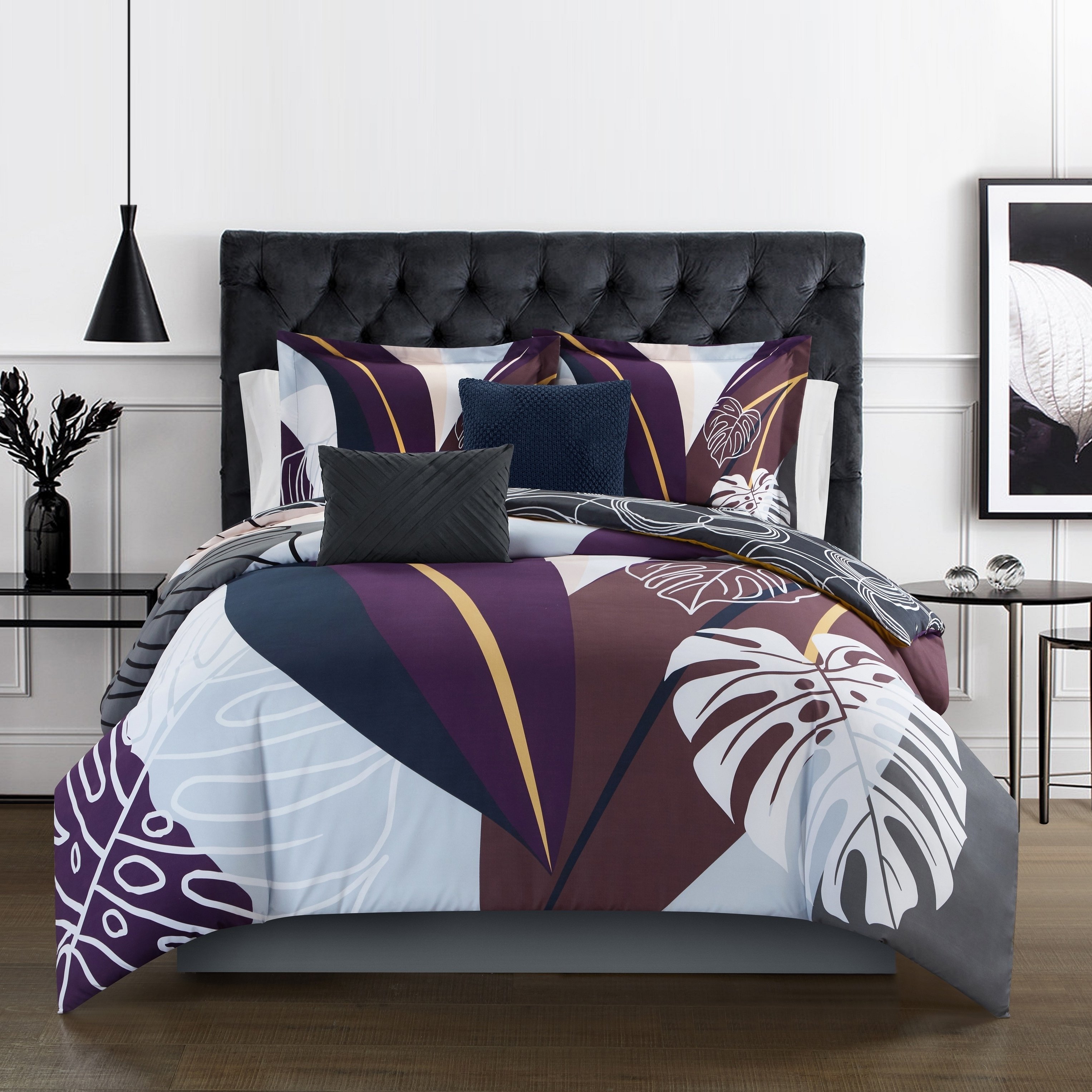 Vibrant Floral Print 5 Or 4 Piece Reversible Comforter Set - Purple, King