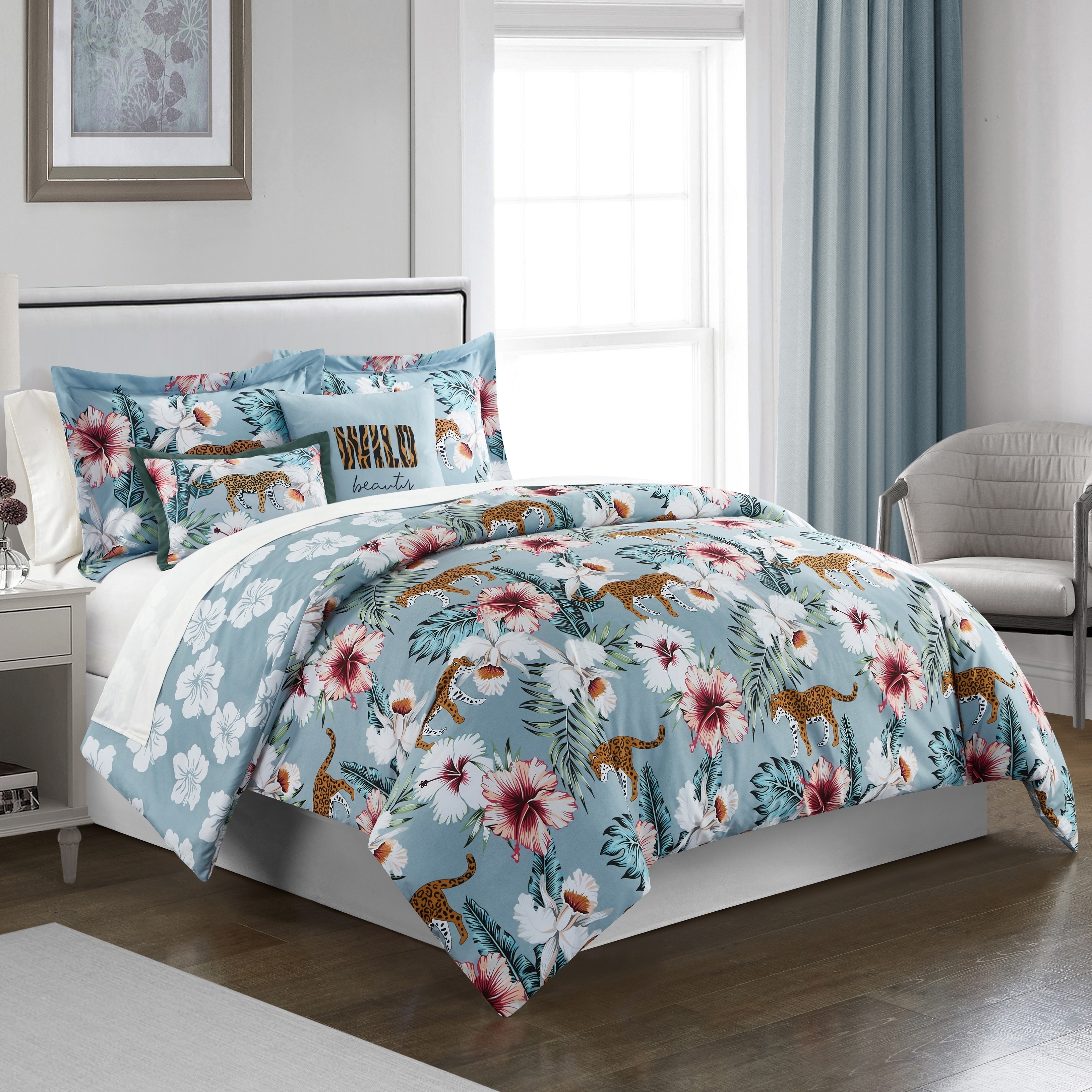 Vibrant Floral Print 5 Or 4 Piece Reversible Comforter Set - Blue, Queen