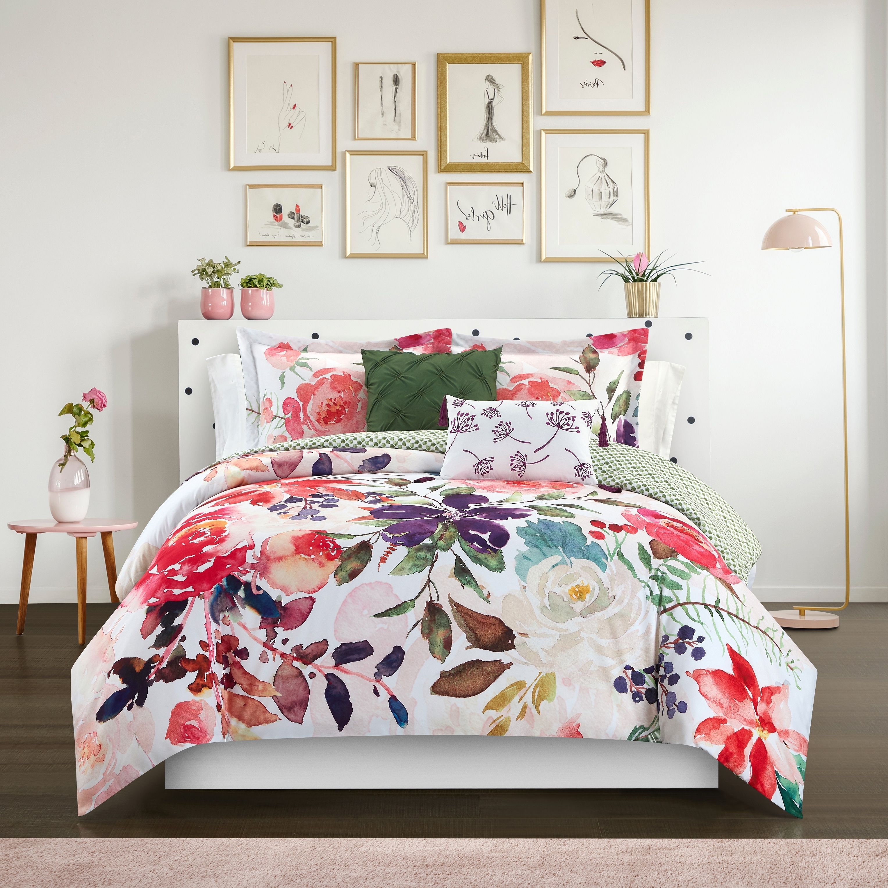 5 Piece Reversible Comforter Set Floral Watercolor Design Bedding - Red, Twin