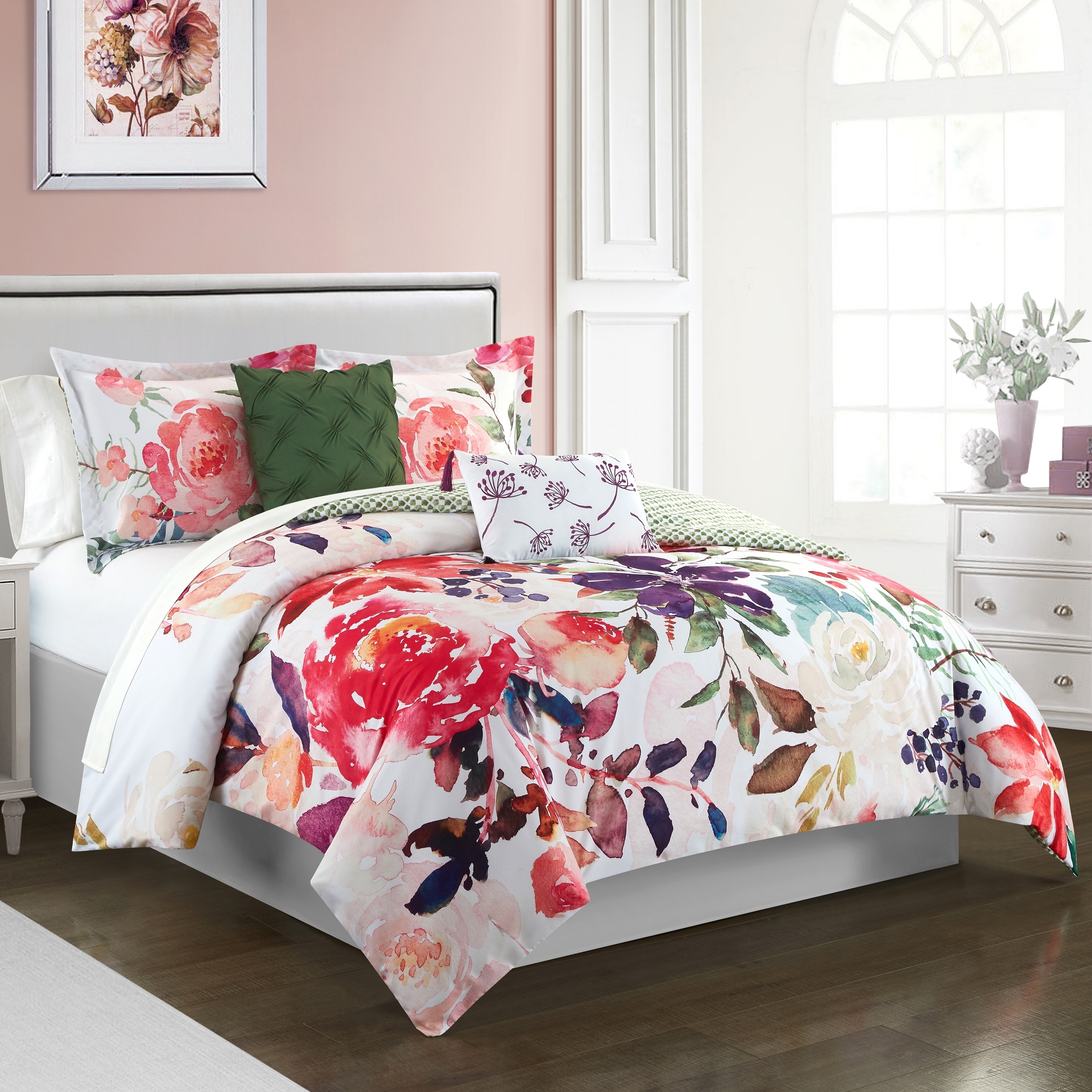 5 Piece Reversible Comforter Set Floral Watercolor Design Bedding - Red, Queen