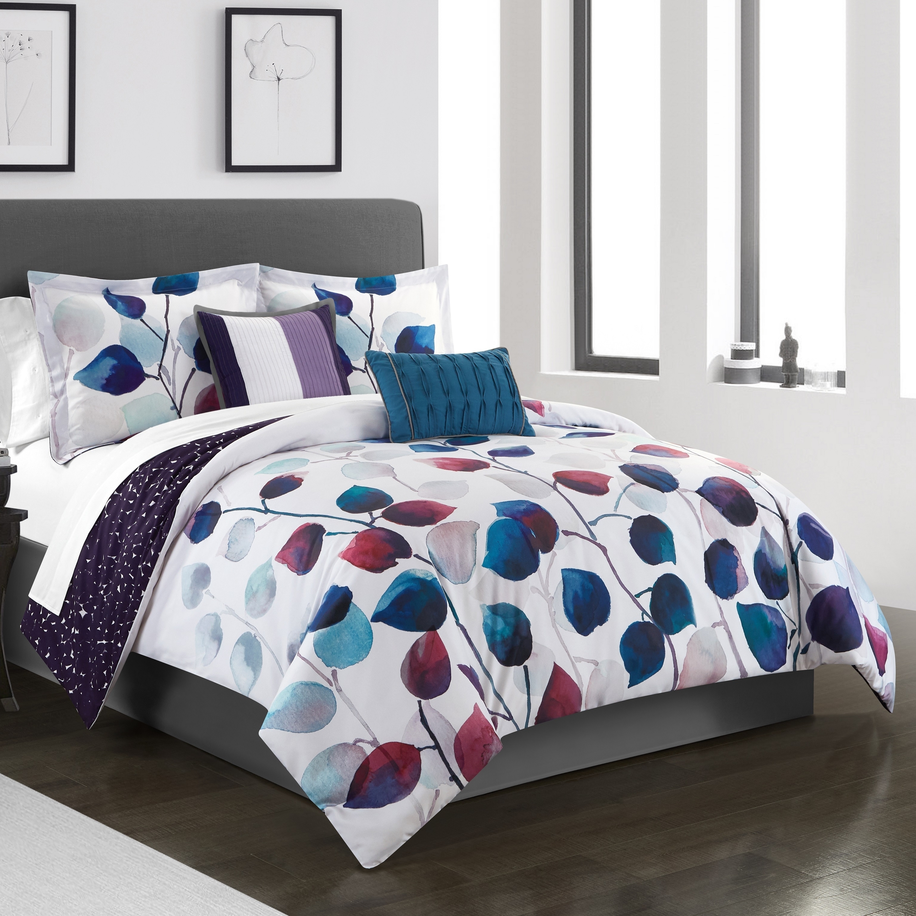 5 Piece Reversible Comforter Set Floral Watercolor Design Bedding - Red, Queen