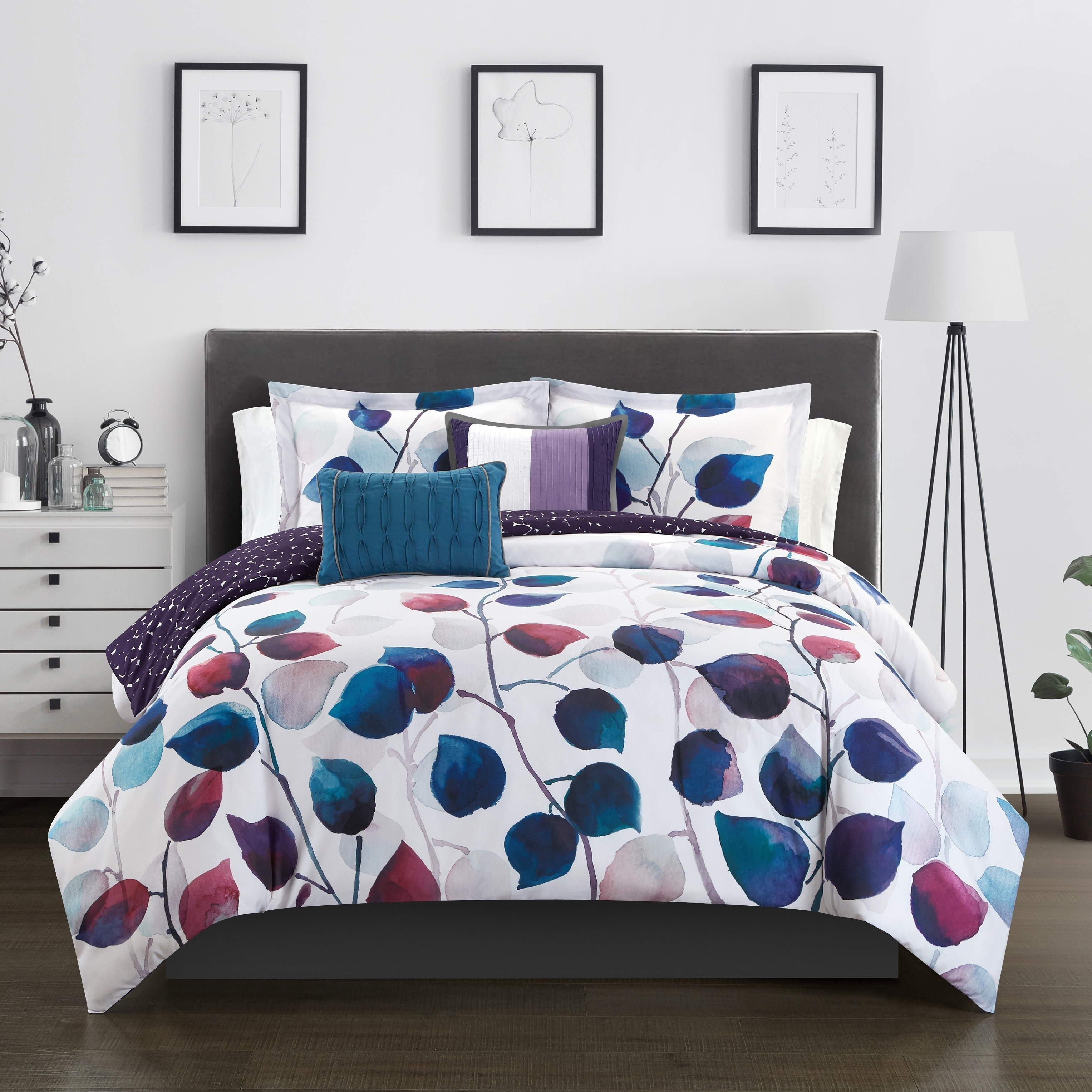 5 Piece Reversible Comforter Set Floral Watercolor Design Bedding - Blue, Queen