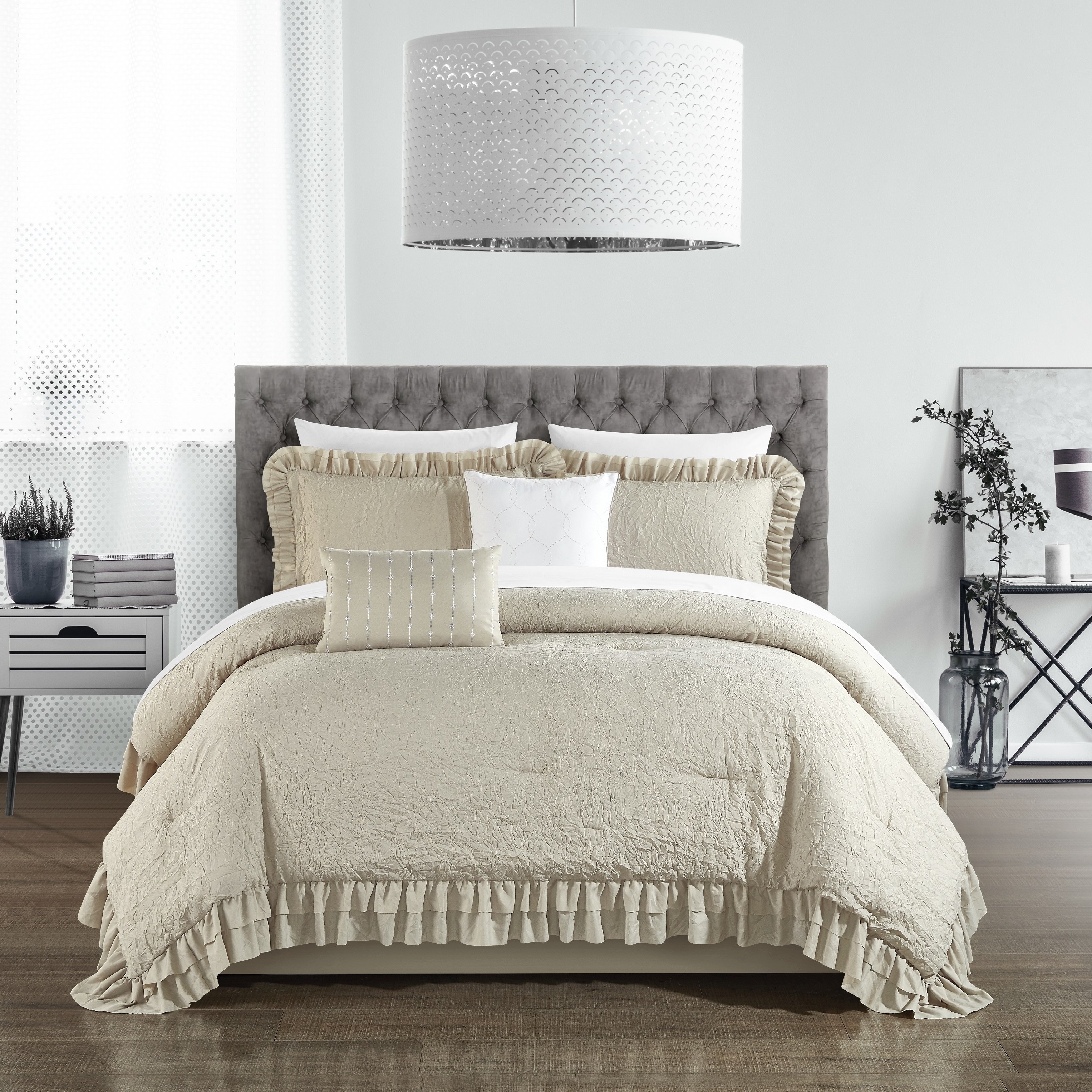 5 piece Kensley Comforter Set Washed Crinkle Ruffled Flange Border Design Bedding - Beige, Queen