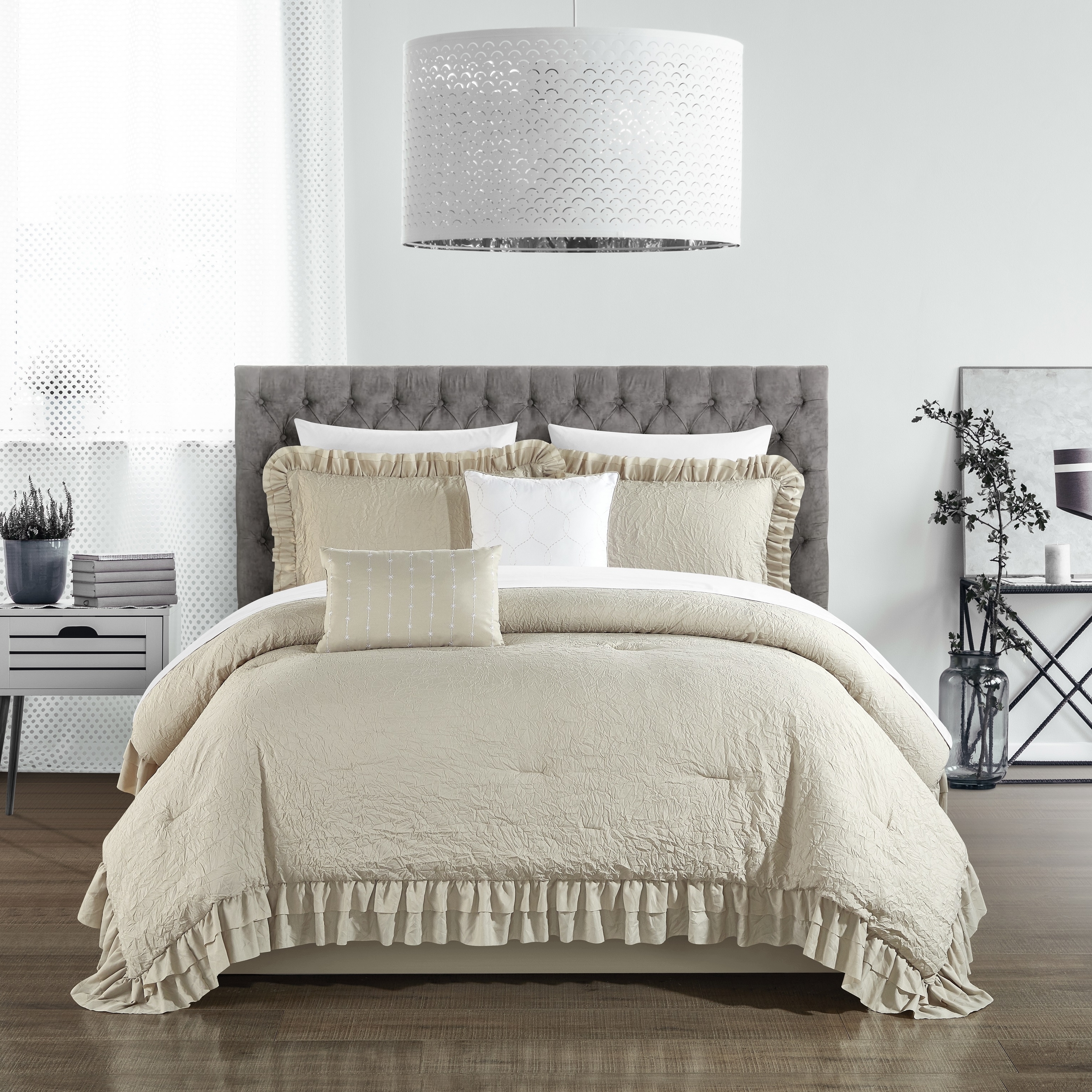 5 Piece Kensley Comforter Set Washed Crinkle Ruffled Flange Border Design Bedding - Beige, King
