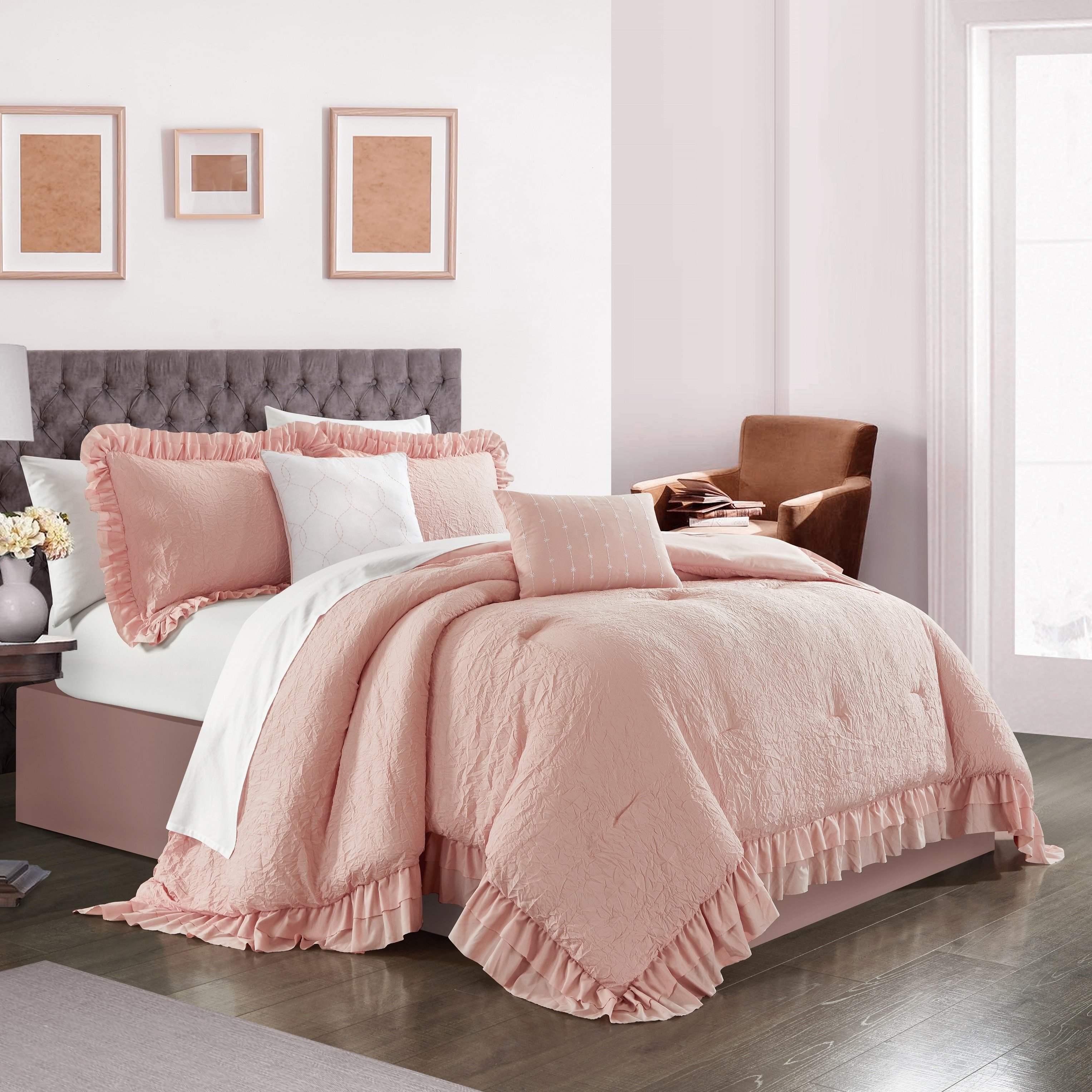 5 piece Kensley Comforter Set Washed Crinkle Ruffled Flange Border Design Bedding - Blush, Queen