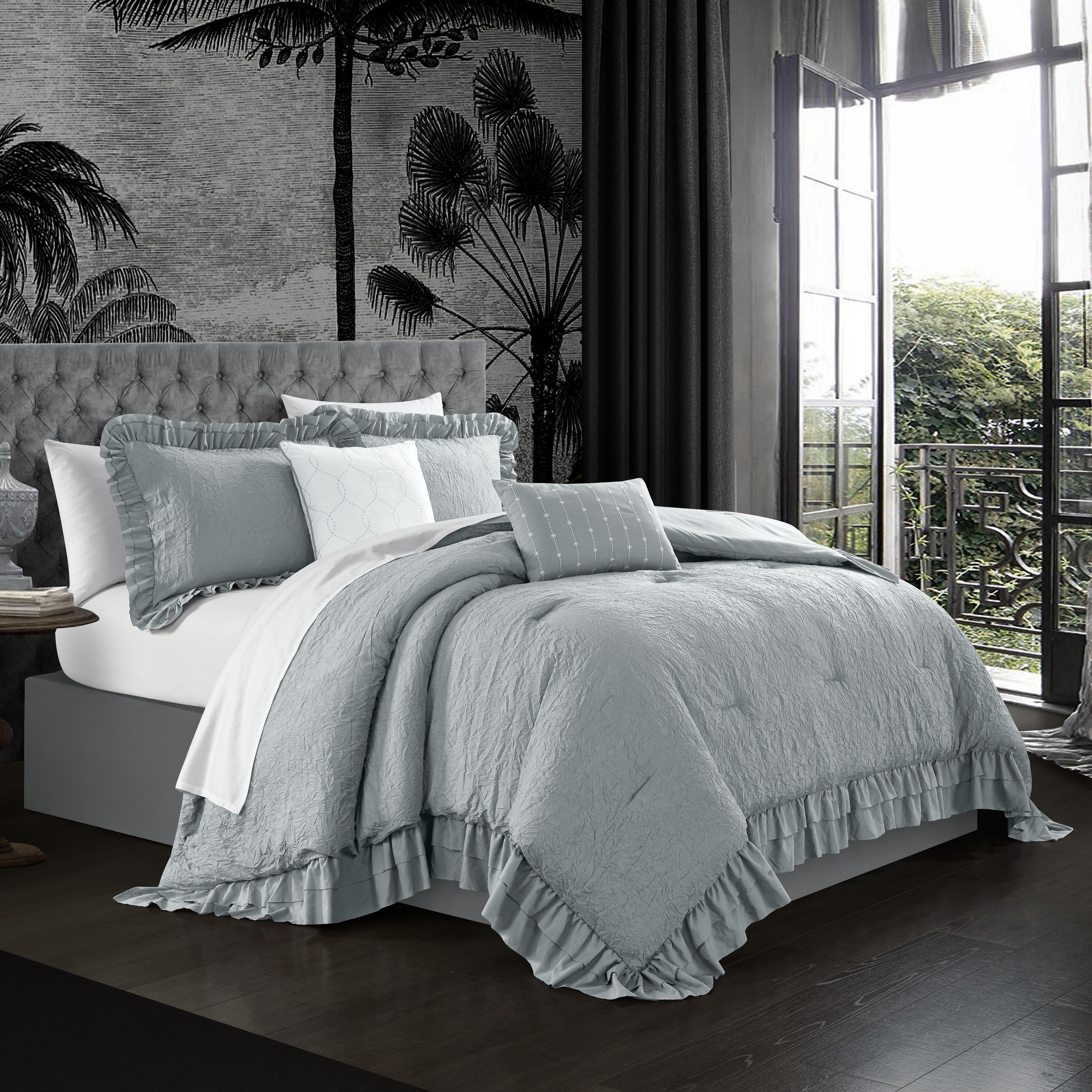 5 piece Kensley Comforter Set Washed Crinkle Ruffled Flange Border Design Bedding - Grey, Queen