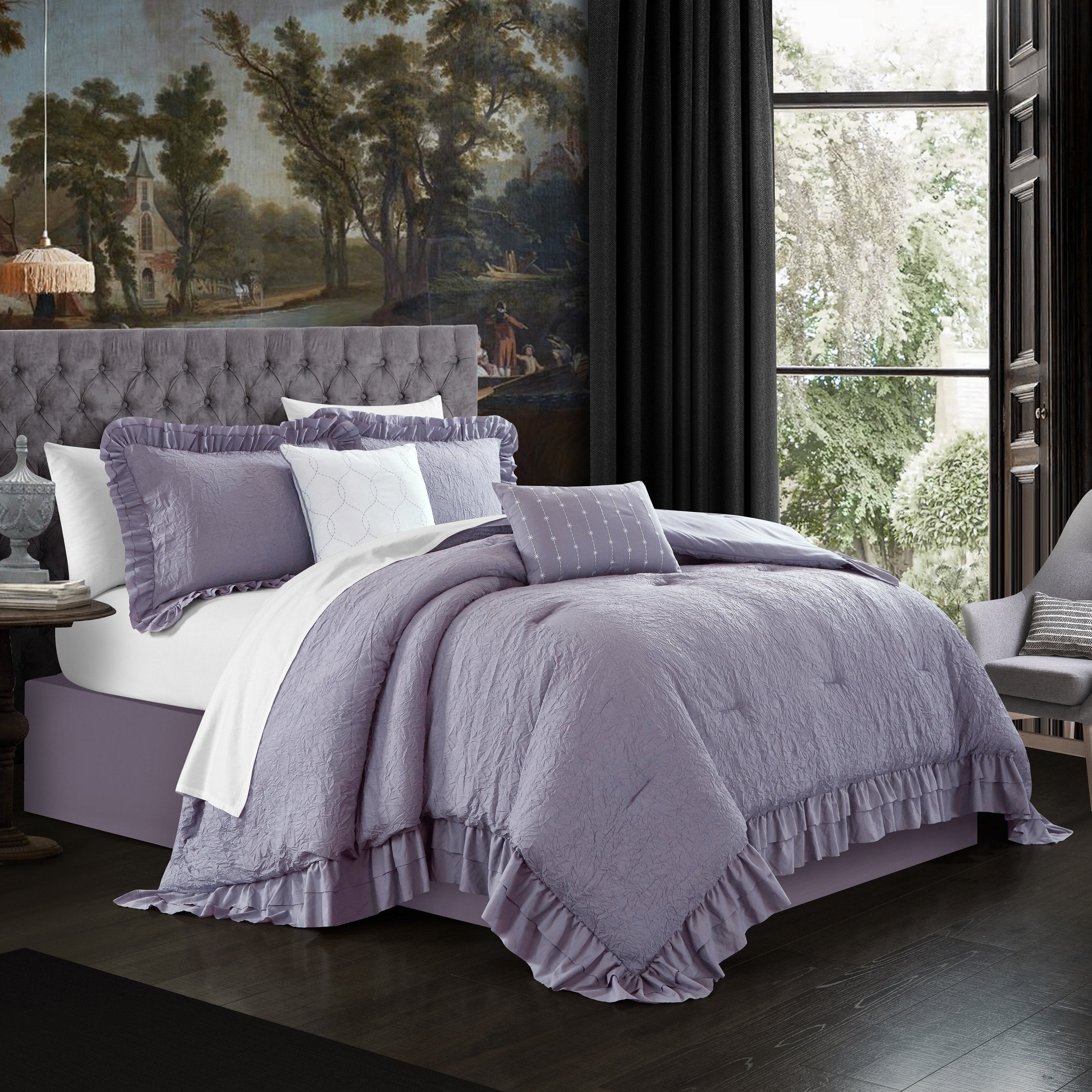5 piece Kensley Comforter Set Washed Crinkle Ruffled Flange Border Design Bedding - Lavender, Queen - queen purple